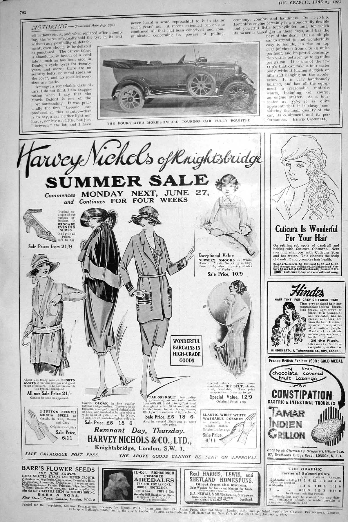 Antique Old Print 1921 Four-Seated Morris-Oxford Touring Car Harvey Nichols