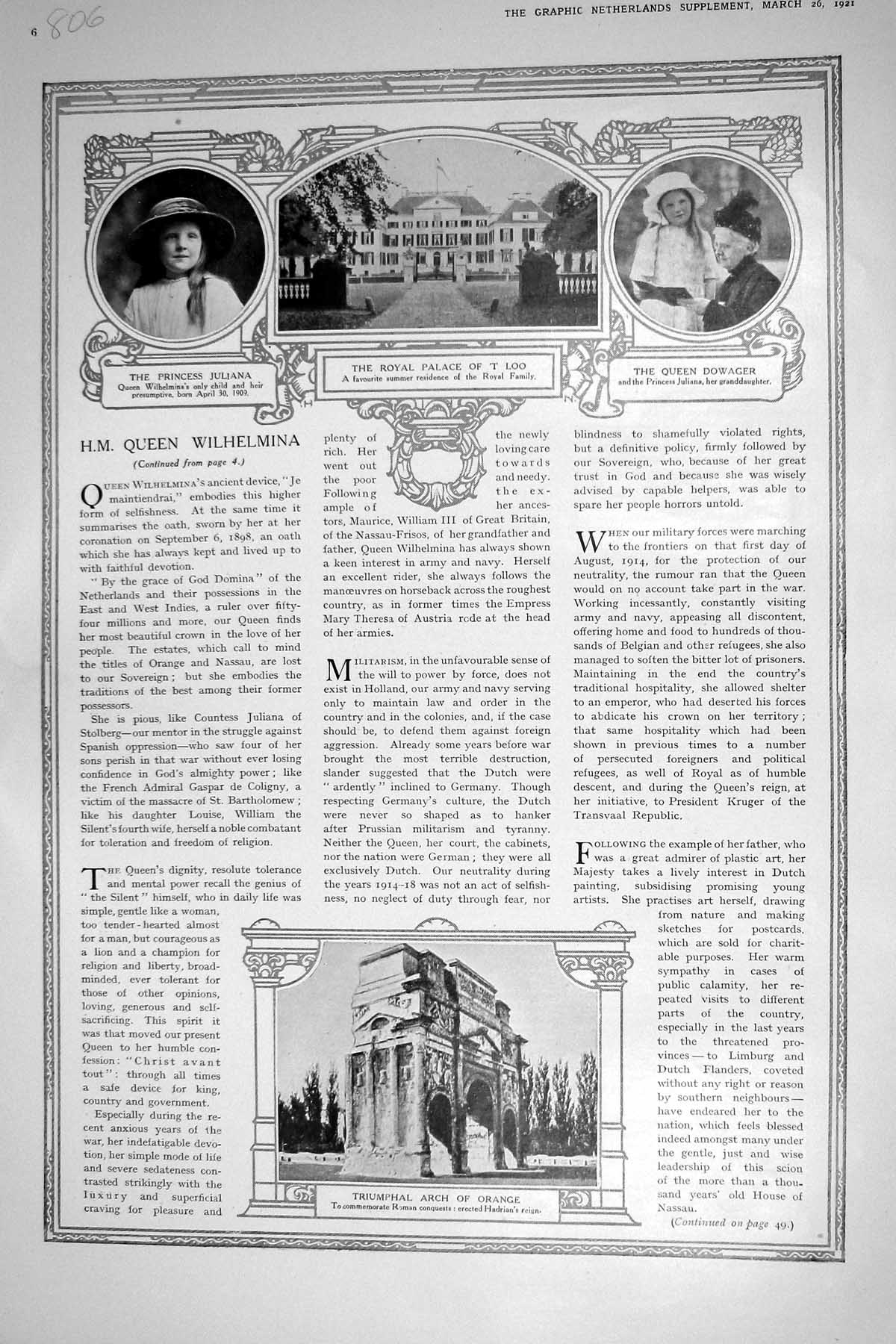 Old 1921 Princess Juliana Palace T Loo Queen Wilhelmina Arch Orange V 20th