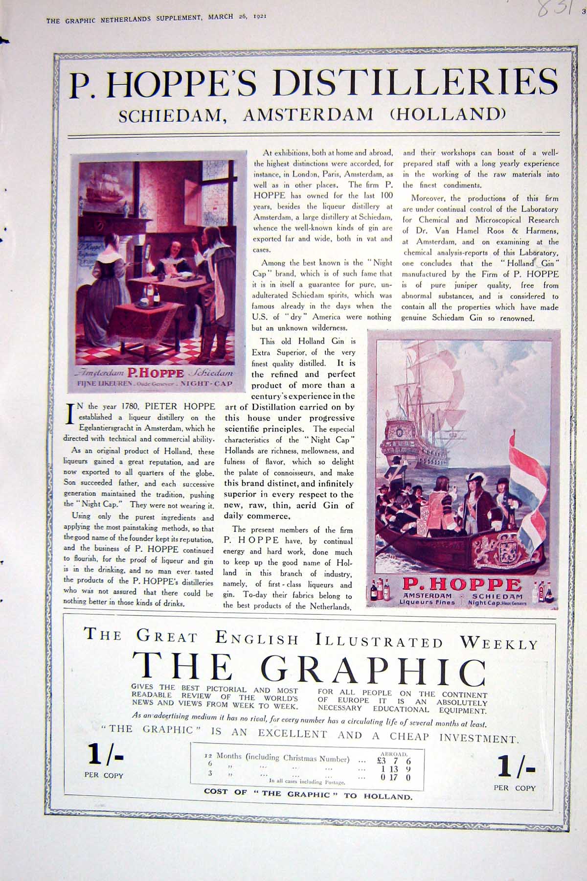 Antique Old Print 1921 Hoppe'S Distilleries Amsterdam Holland Gouda Candles