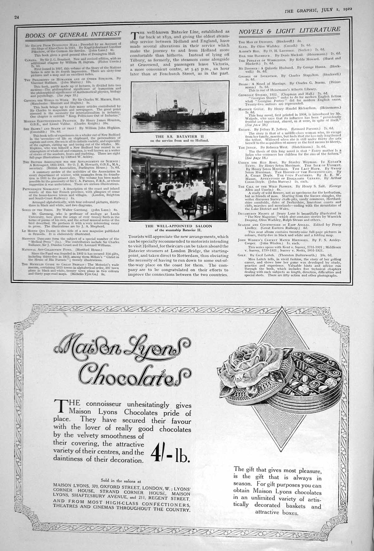 Old 1922 Ship S.S. Batavier Holland Saloon Maison Lyons Chocolates Ox 20th