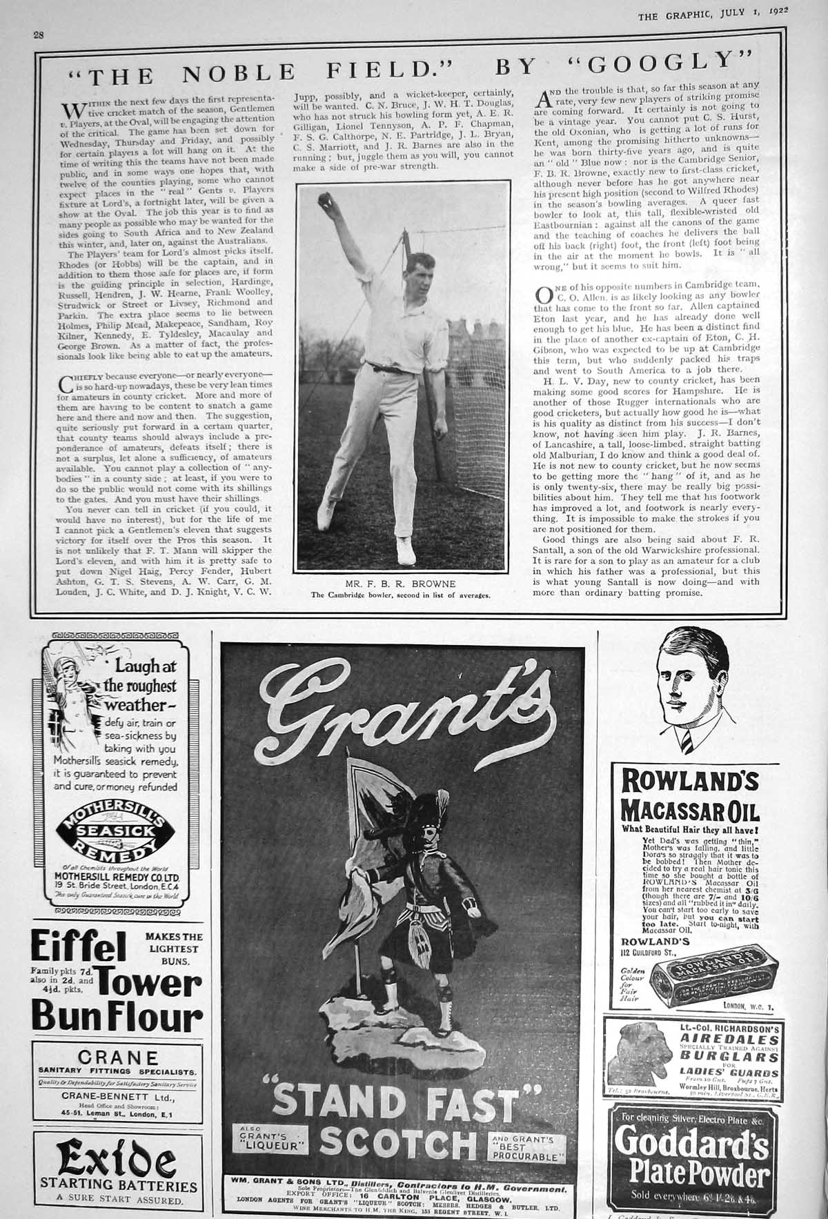 Antique Print 1922 Mr Brown Cambridge Bowler Cricket Grant'S Scotch Whisky 20th