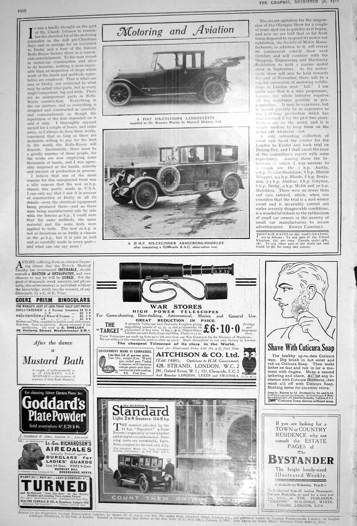 Old 1922 Fiat Landaulette Motor Car Armstrong-Siddeley Aitchison Stan 20th