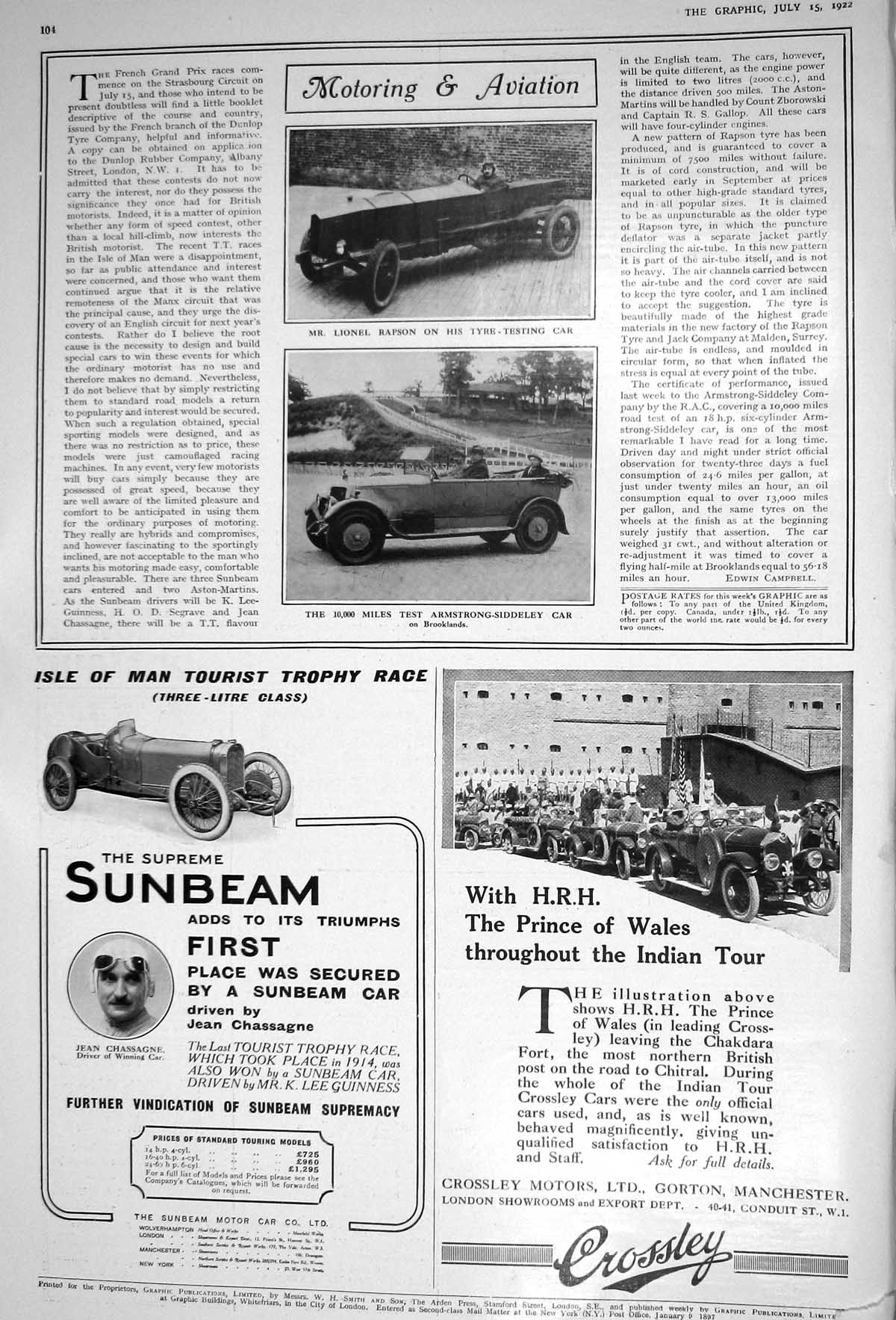 Old 1922 Lionel Rapson Tyre Testing Motor Car Armstrong-Siddeley Cros 20th