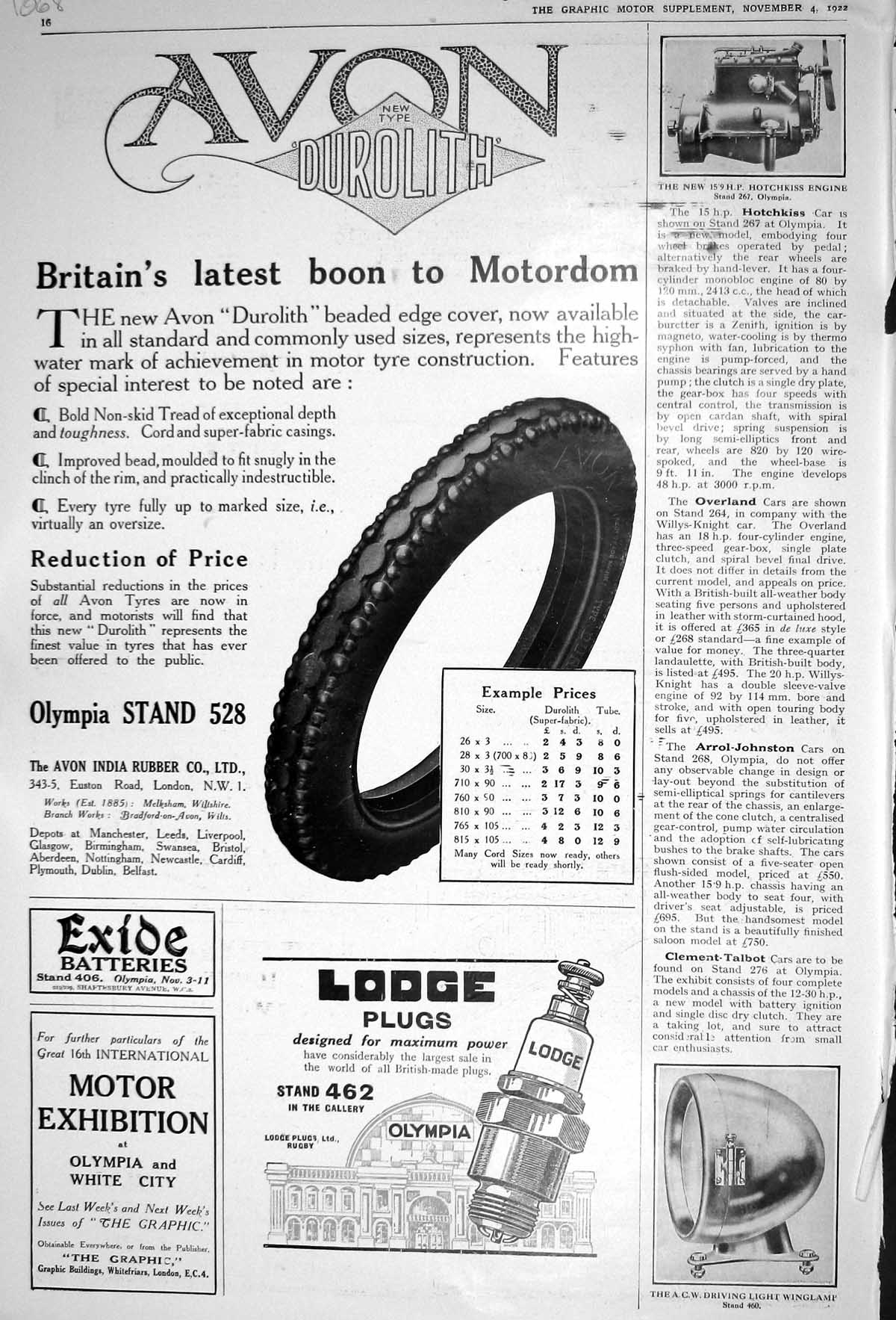 Old 1922 Avon Durolith Motor Car Tyres Lodge Plugs Triplex Glass Rove 20th