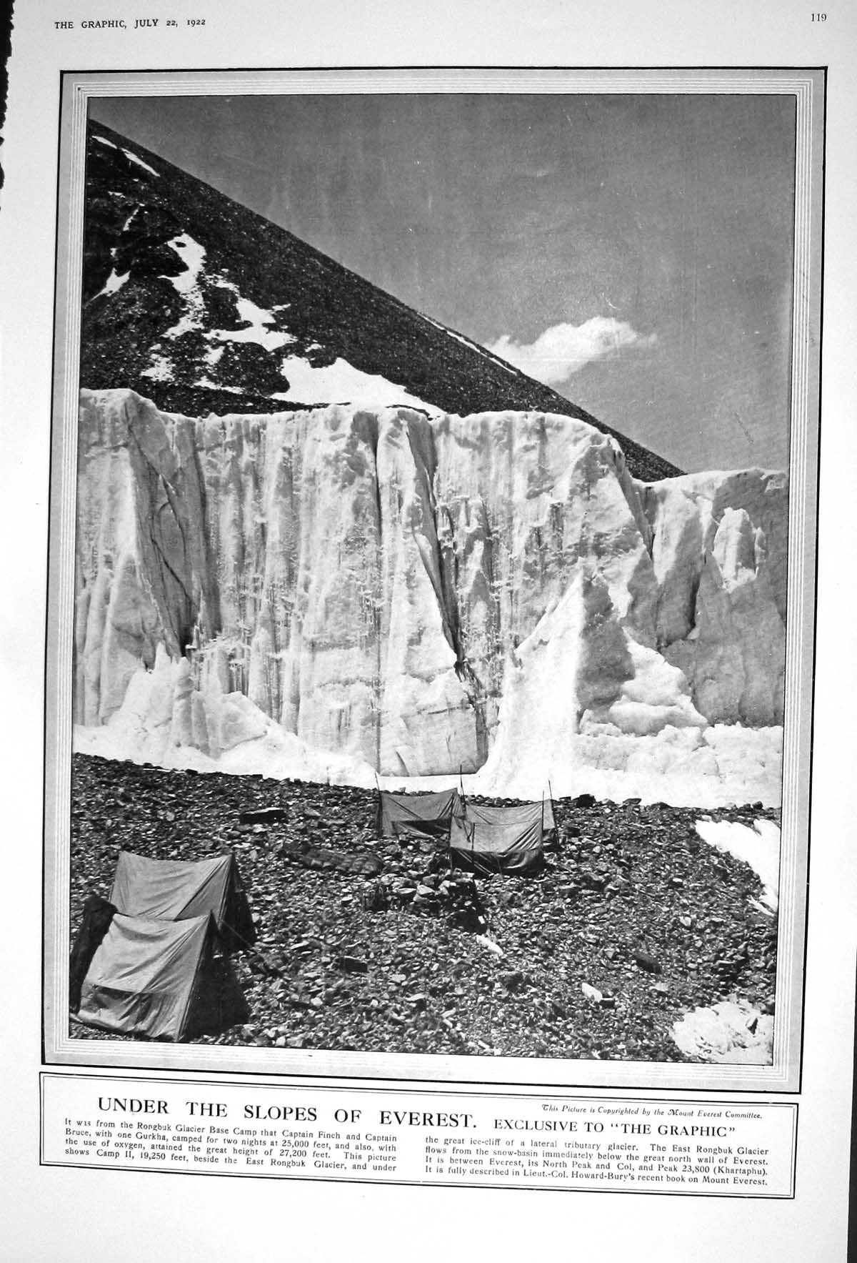 Old 1922 Rongbuk Glacier Base Camp Mountain Everest Finch Bruce Crick 20th