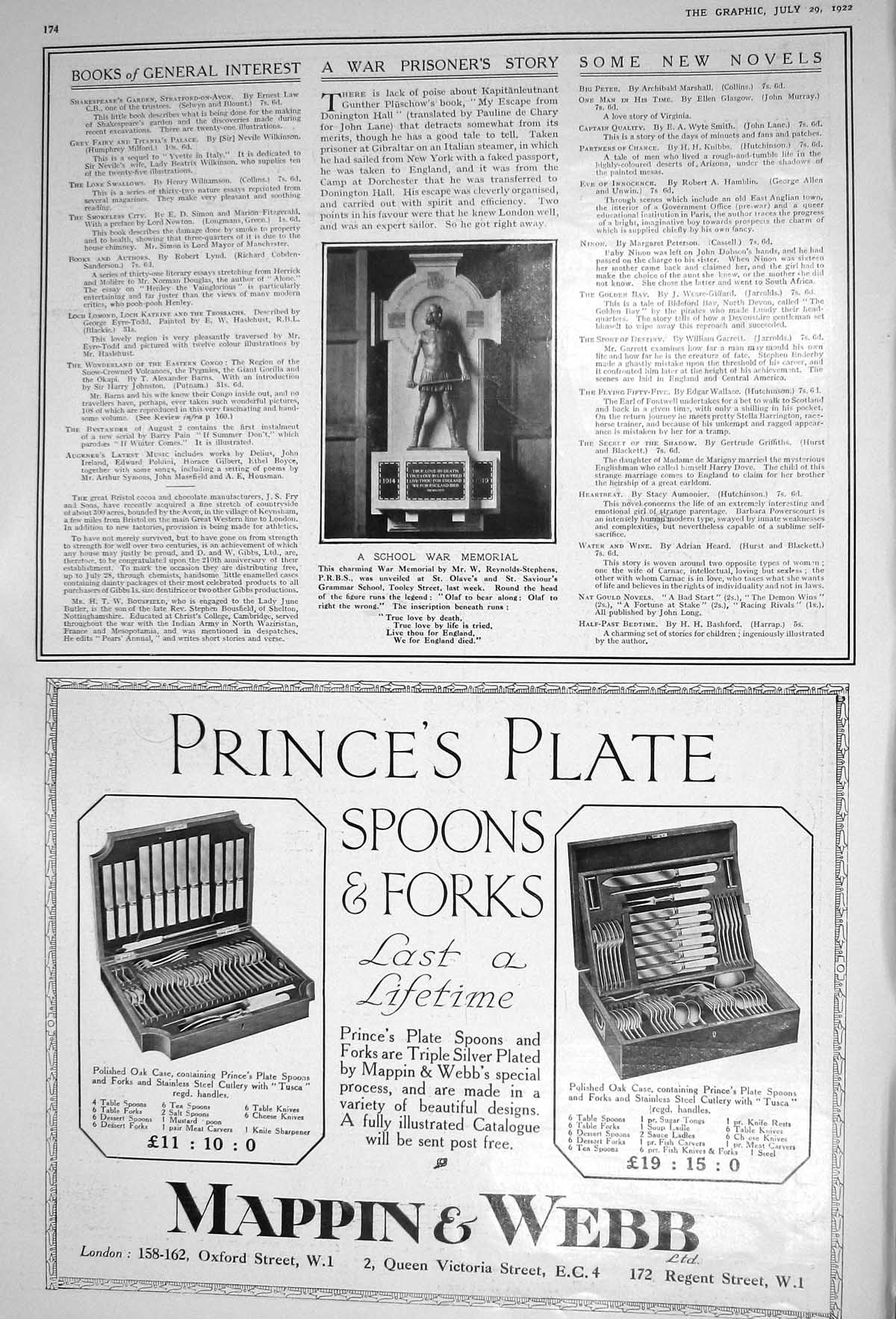Old Print 1922 School War Memorial Reyns-Stephen'S Olave'S Grammar Toole 20th