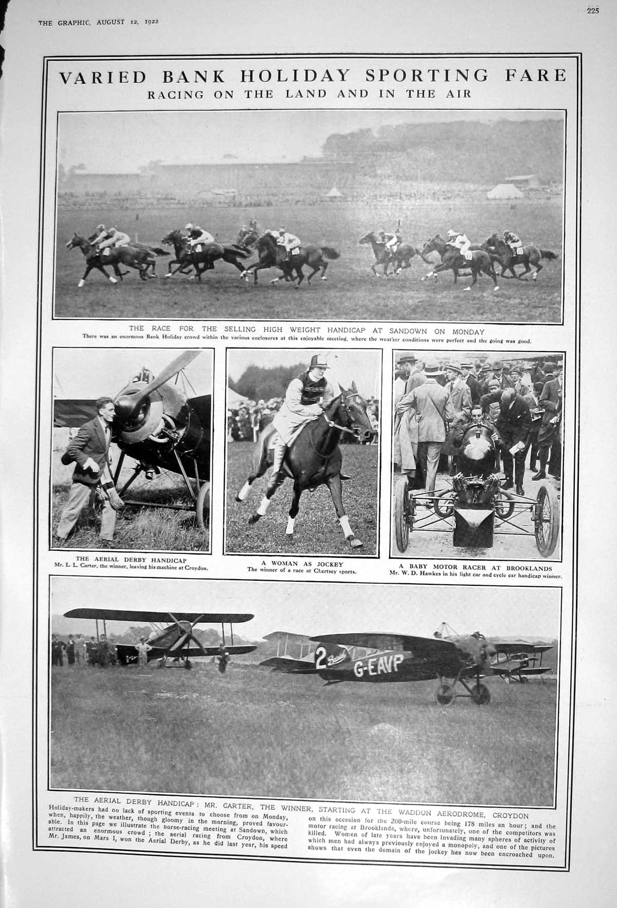 Old 1922 Horse Racing Sandown Carter Aerial Derby Waddon Indian Chief 20th