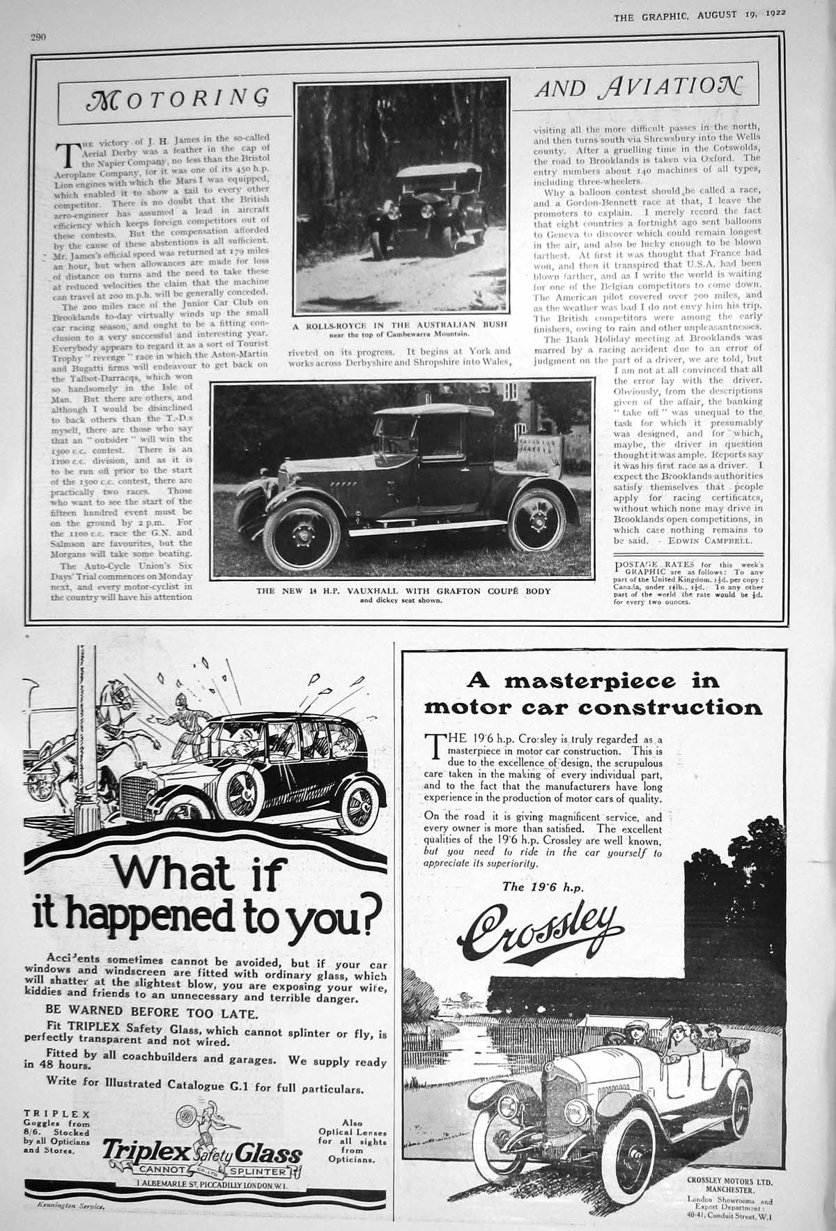 Old 1922 Rolls Royce Motor Car Vauxhall Grafton Coupe Body Triplex Sa 20th