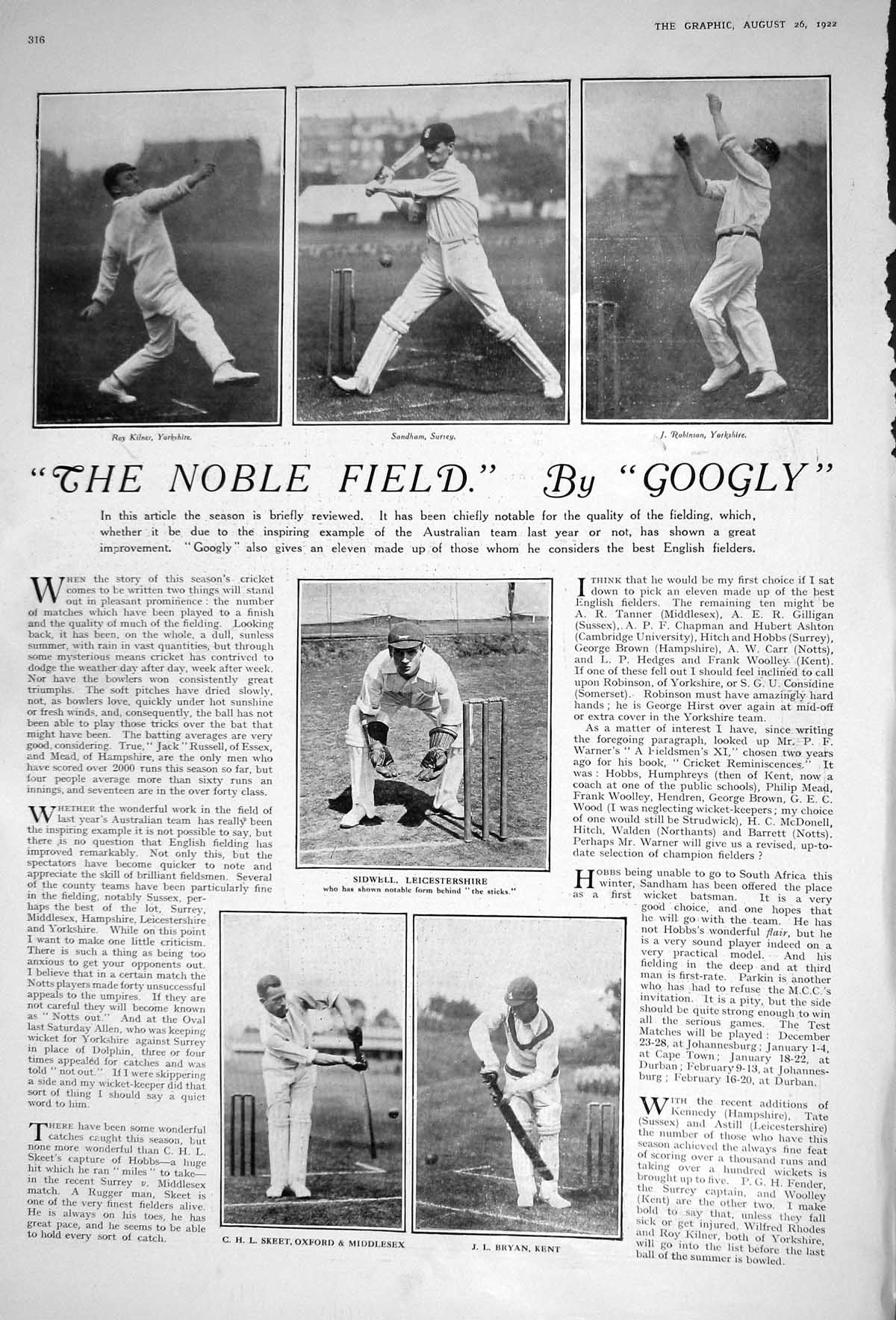Old 1922 Cricket Kilner Sandham Robinson Sidwell Sleet Bryan Ladies F 20th