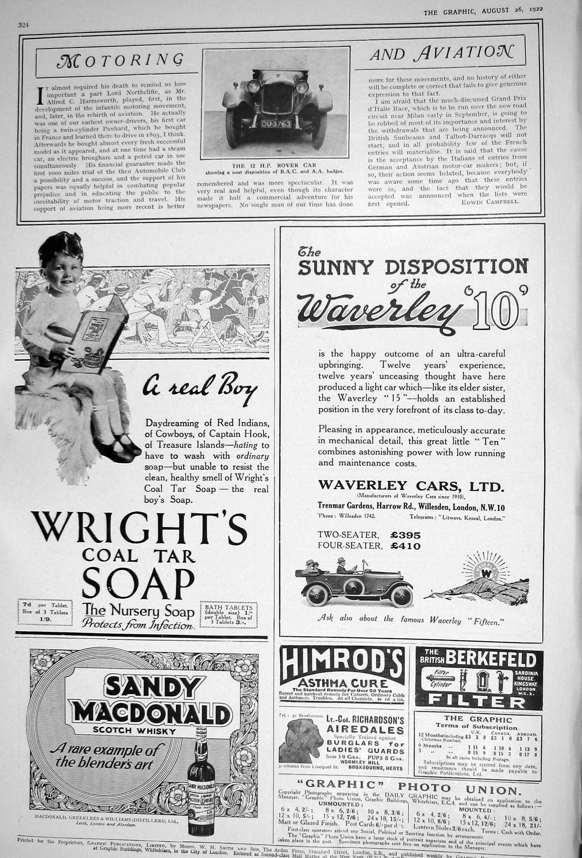 Old 1922 Rover Motor Car Wright'S Coal Tar Soap Scotch Whisky Waverle 20th