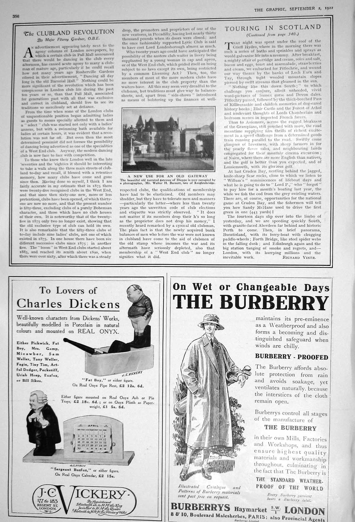 Old Print 1922 Turreted Gateway Dieppe Vickery Burberry Haymarket London 20th