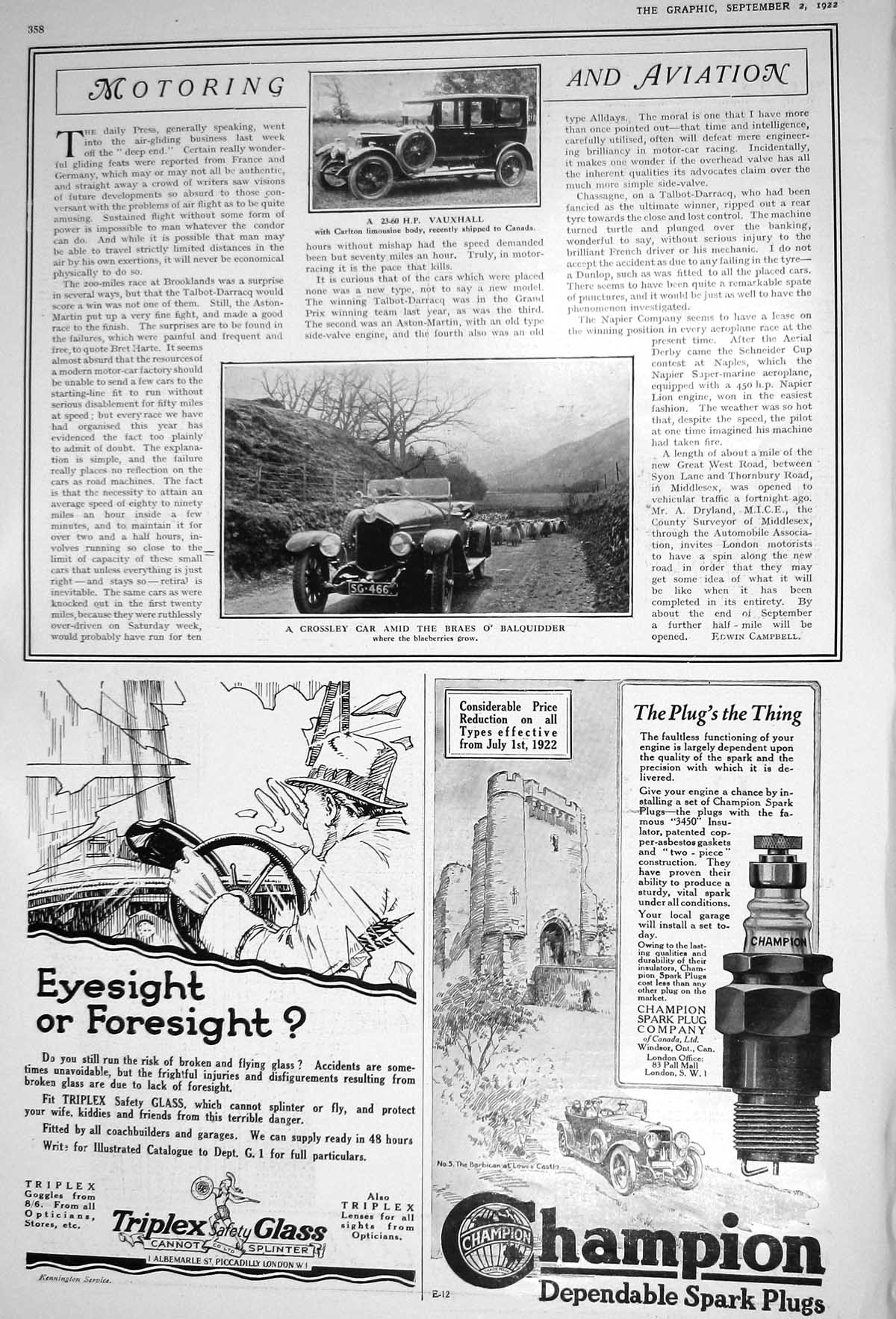 Old 1922 Motor Car Vauxhall Crossley Braes Balquidder Champion Spark 20th