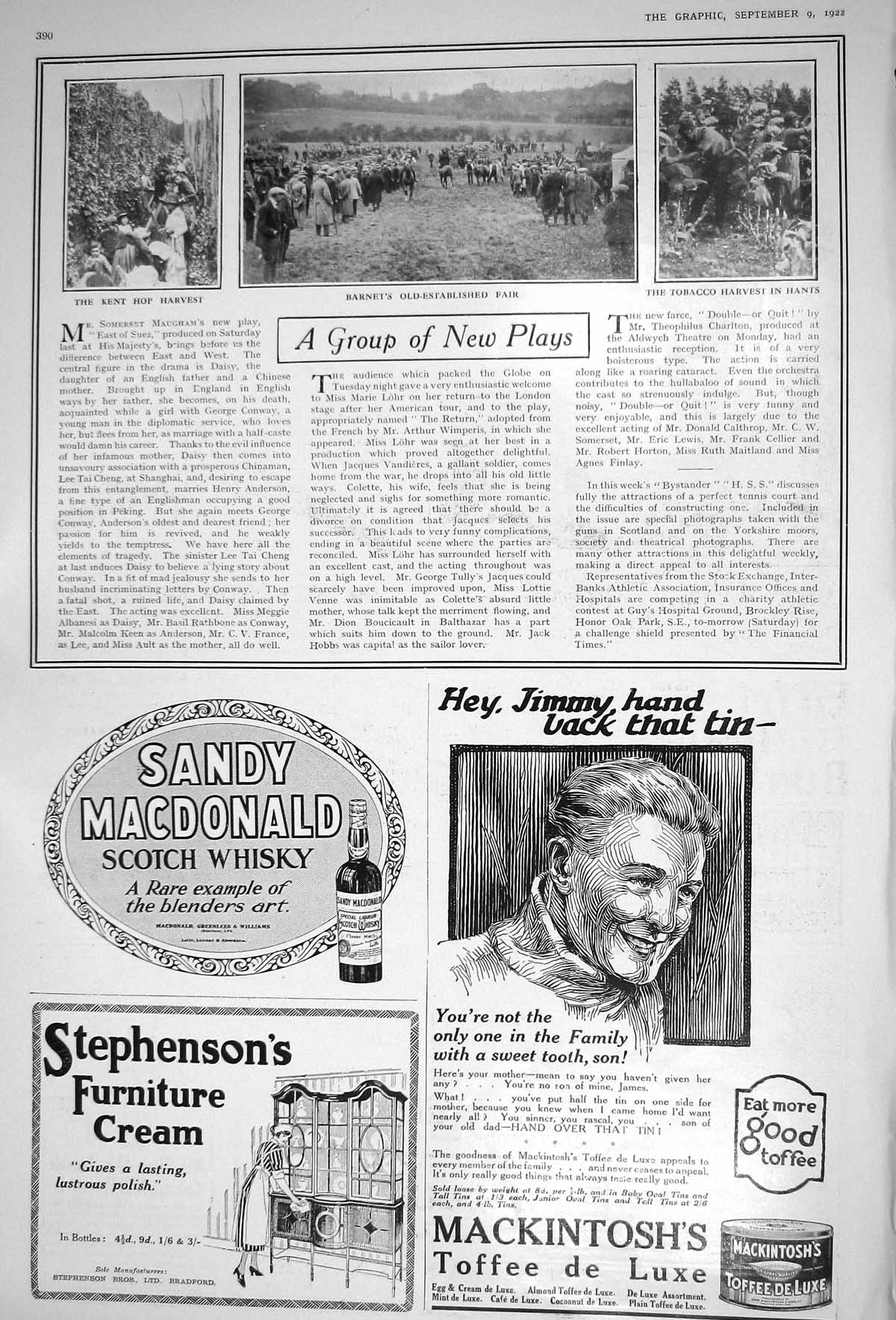 Old Print 1922 Kent Hop Harvest Barnet -Established Fair Tobacco Hants W 20th