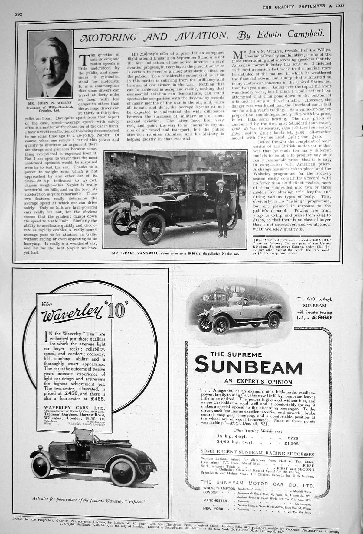 Old 1922 John Willys Israel Zangwill Napier Motor Car Sunbeam Waverle 20th