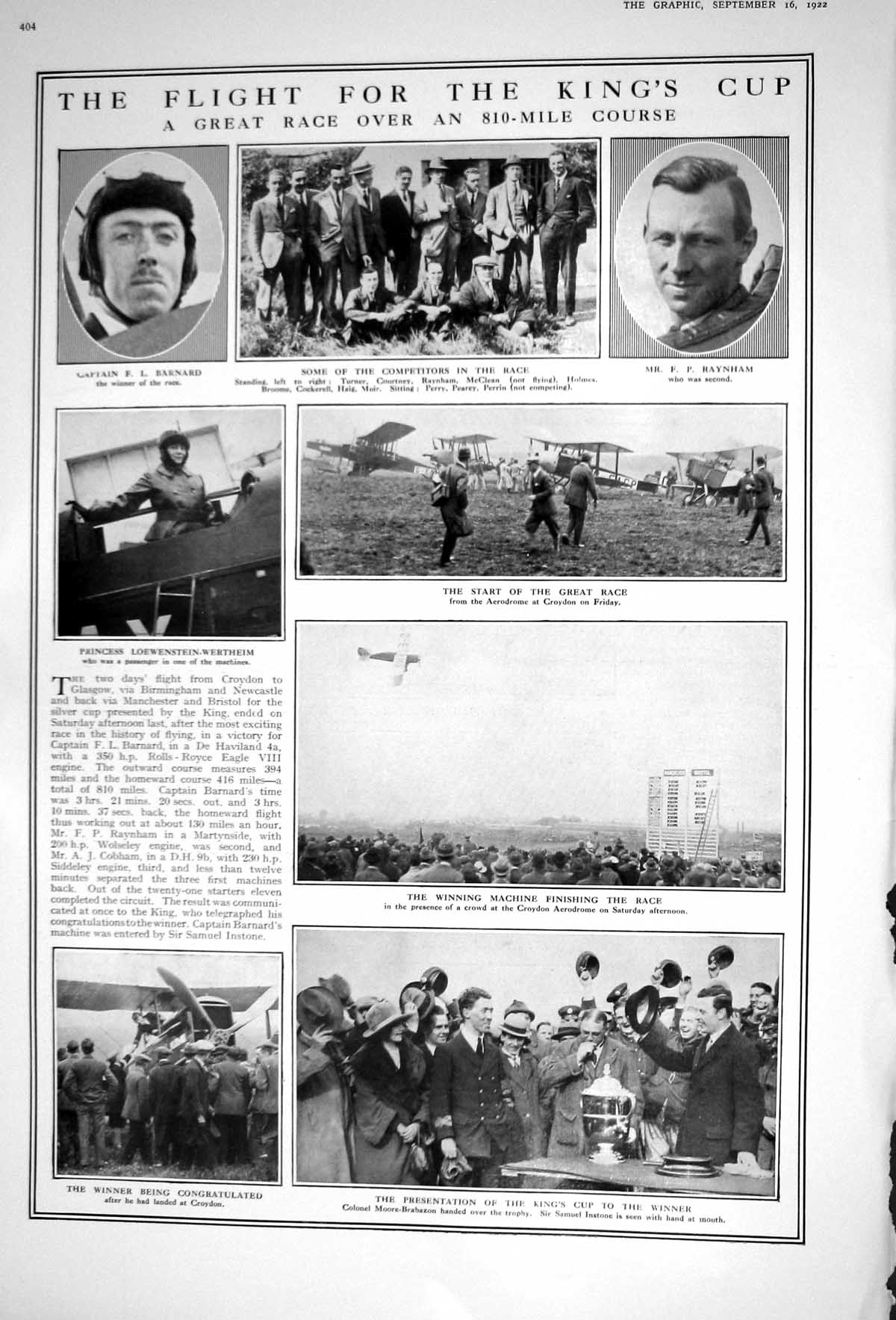 Old 1922 Barnard Raynham Flight Race Moore-Brabazon Ostrich Farm Duns 20th