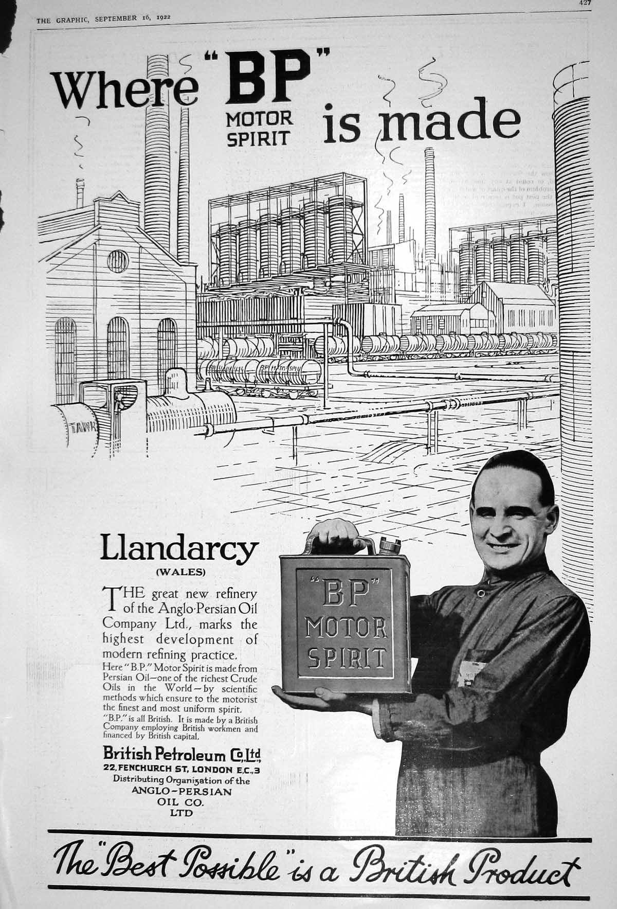 Antique Old Print 1922 British Petroleum Motor Spirit Oil Fenchurch London 20th