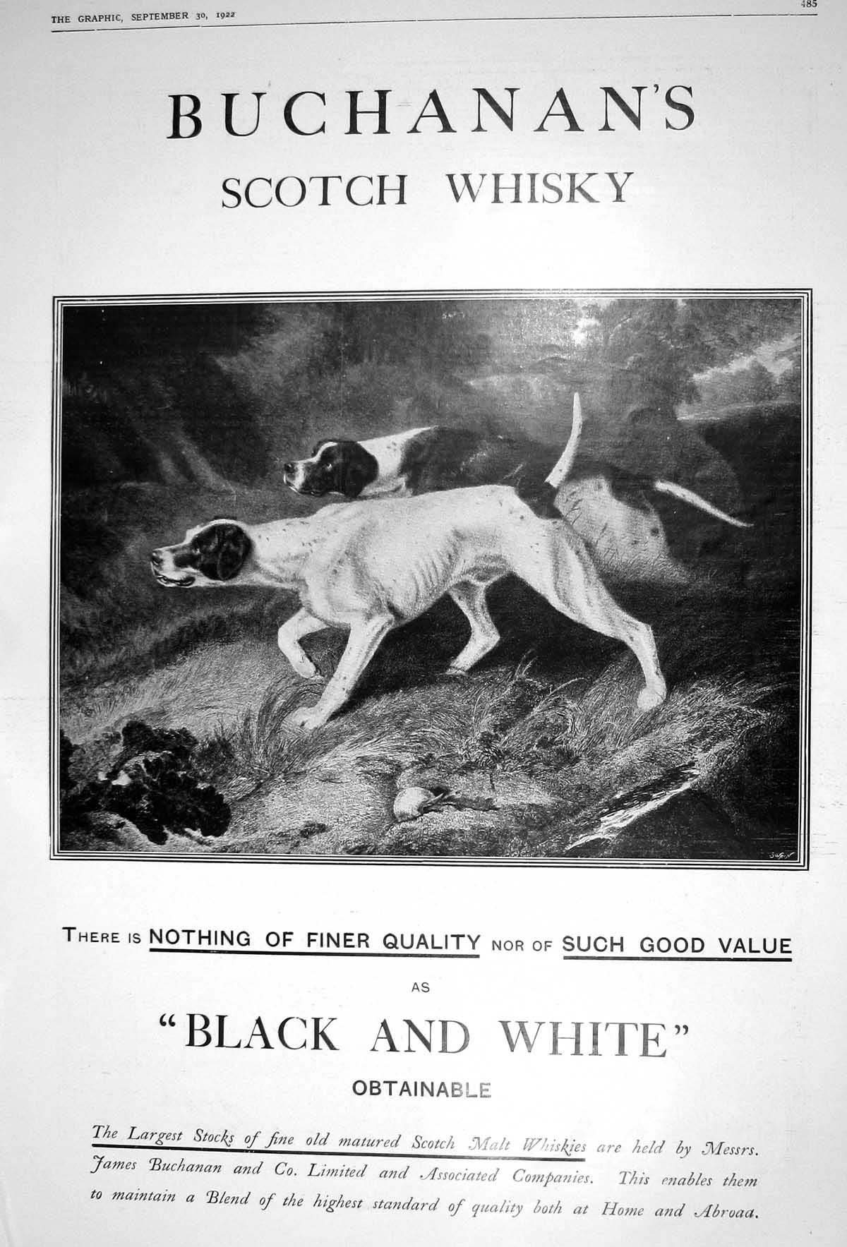 Old Print 1922 Advertisement James Buchanan'S Scotch Whisky Hunting Dogs 20th