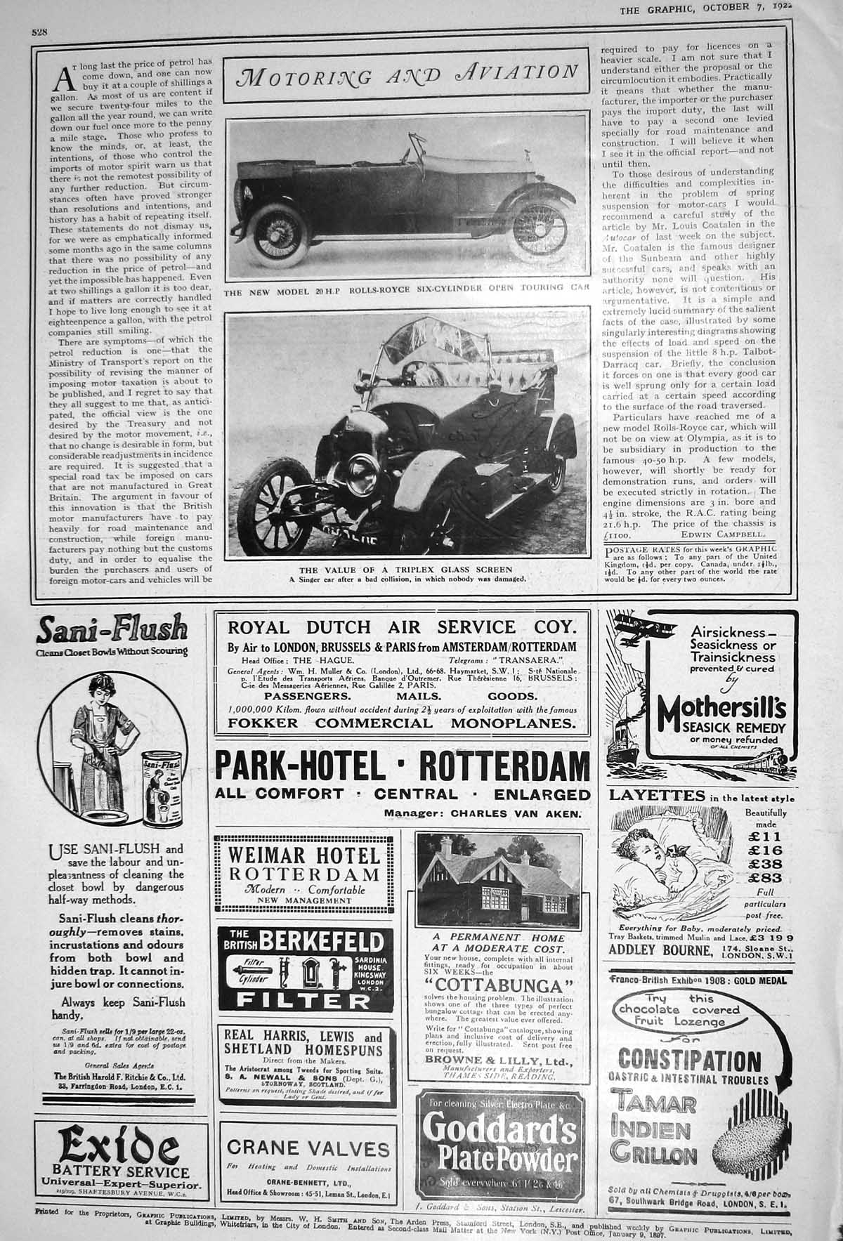 Old Print 1922 Rolls-Royce Six-Cylinder Open Touring Motor Car Singer Tri 20th