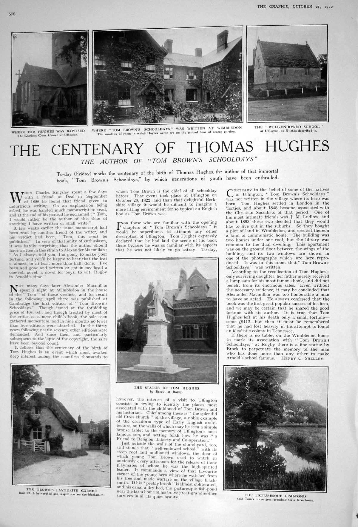 Old Print 1922 Thomas Hughes Statue Tom Brown School Wimbledon Lily Bates 20th