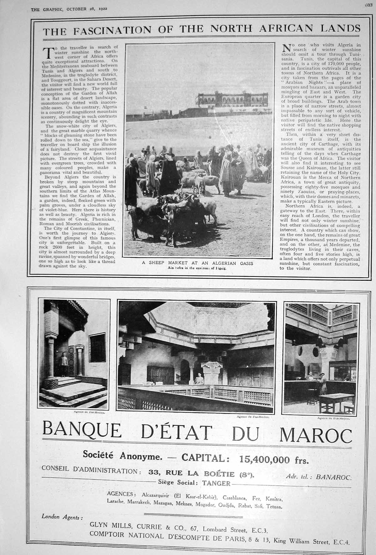 Old 1922 Sheep Market Algerian Oasis Banque D'Etat Du Maroc Glyn Mill 20th