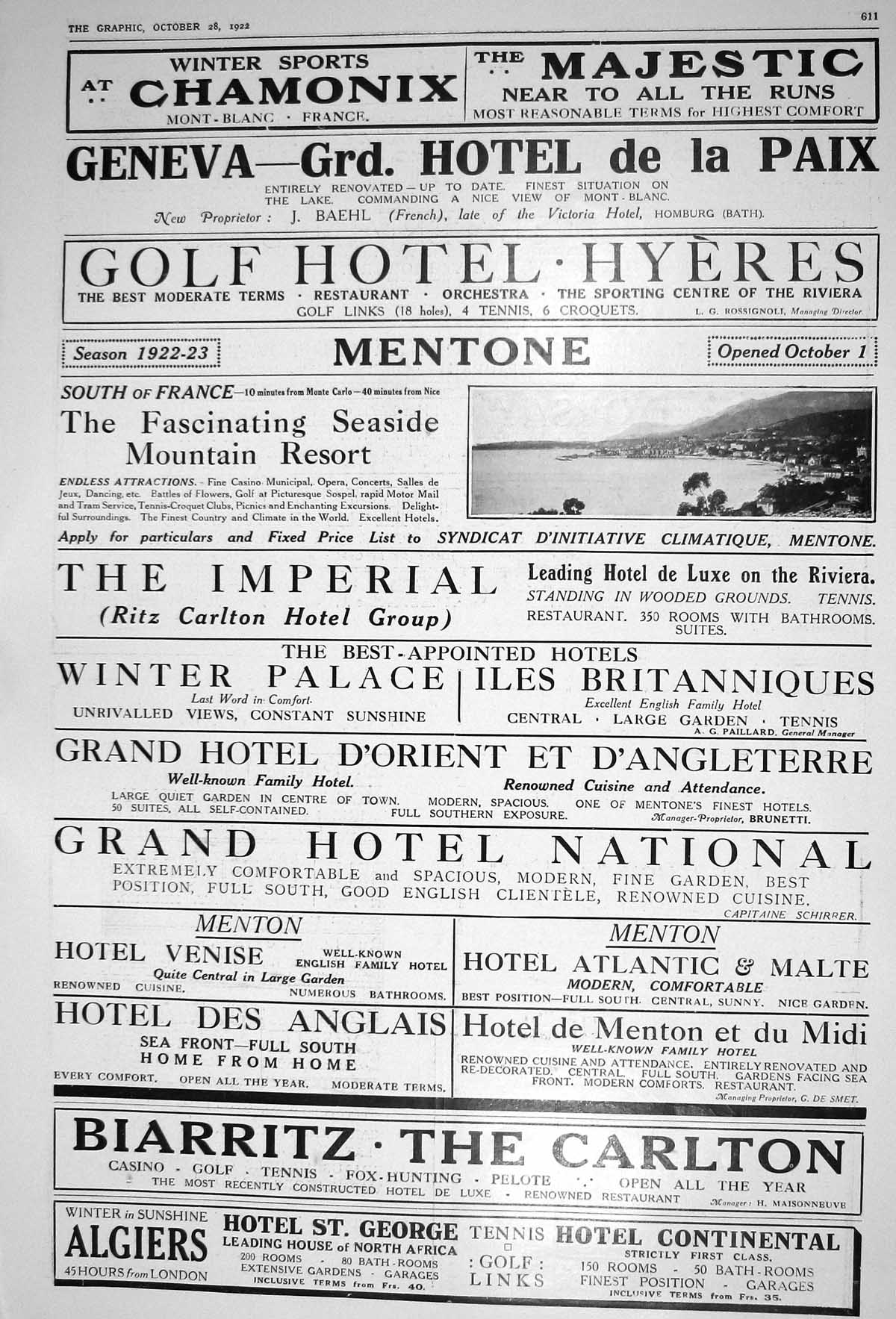 Old 1922 Chamonix Mont Blanc Geneva Hotel Golf Hyeres Biarritz Carlto 20th