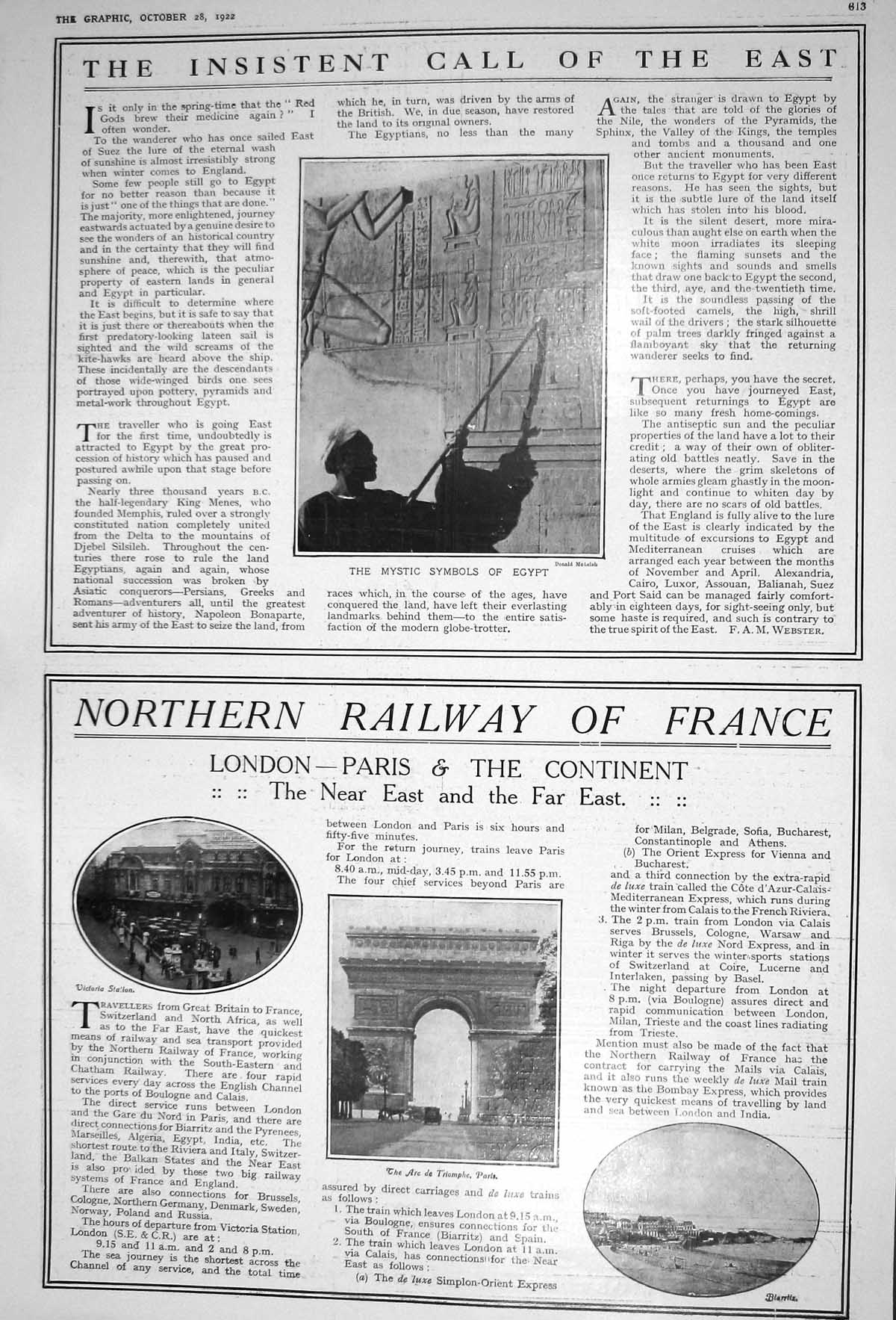 Old 1922 Mystic Symbols Egypt Northern Railway France Arc Triomphe Vi 20th