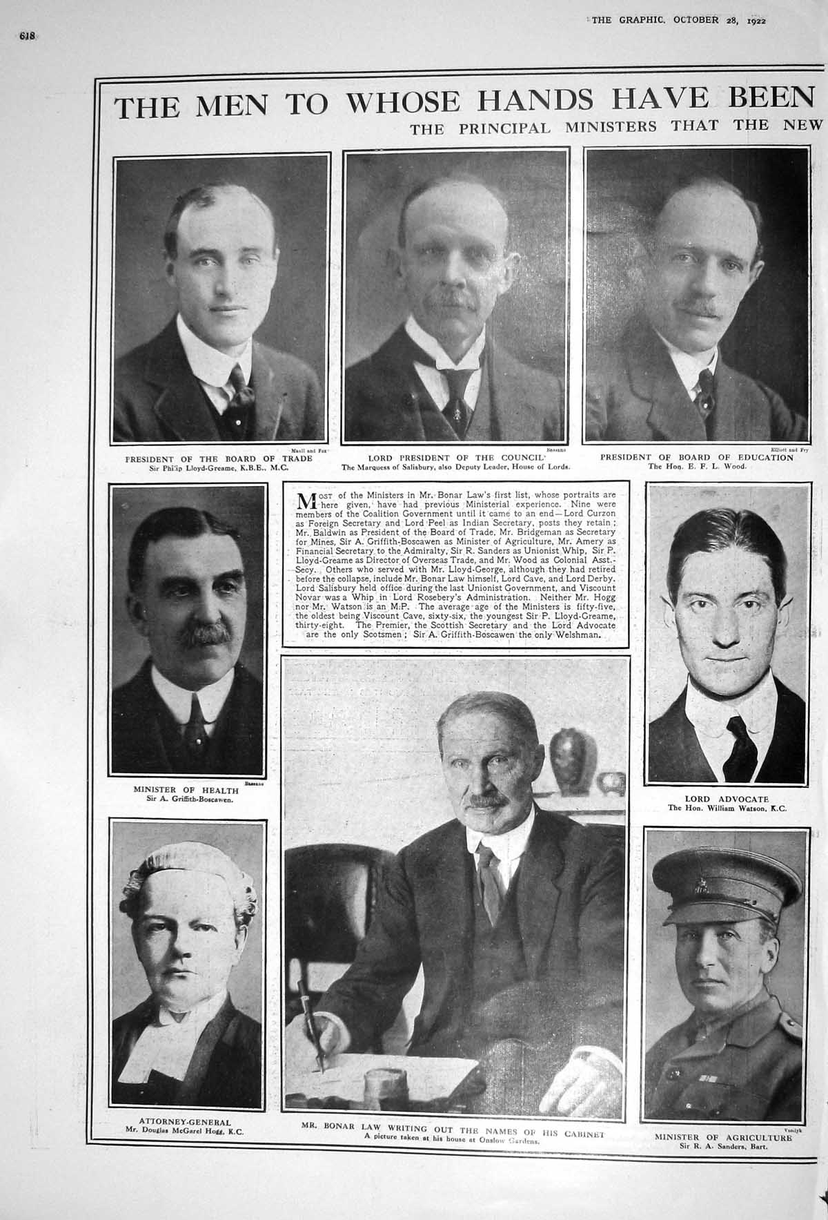 Old 1922 Lloyd-Greame Hogg Bonar Law Sanders Curzon Novar Peel Baldwi 20th