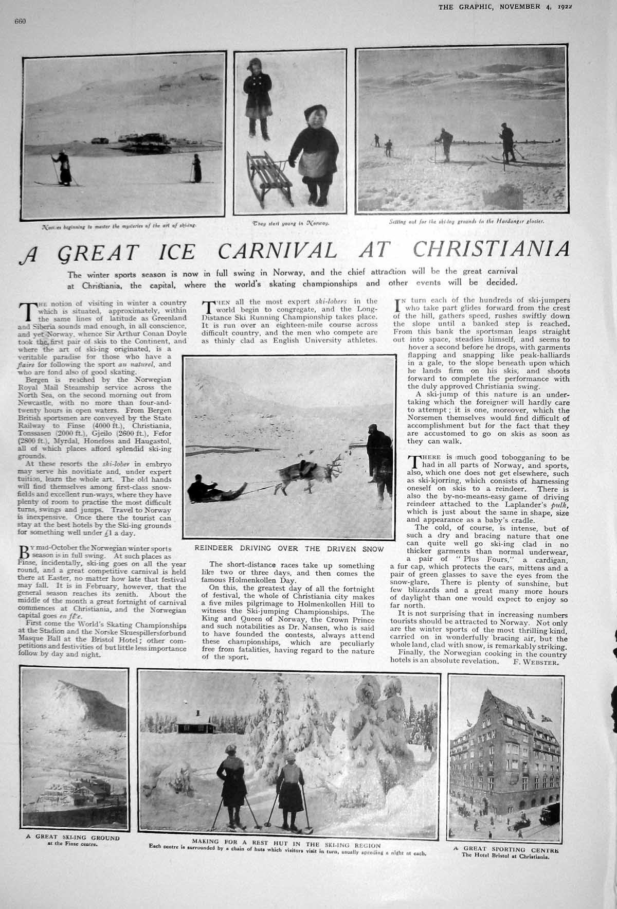 Old 1922 Ice Carnival Christiania Reindeer Ski-Ing Norway Holbrooke L 20th
