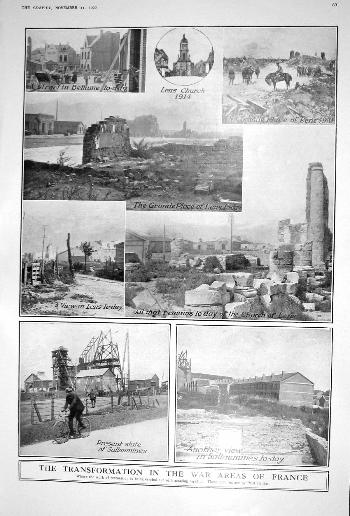 Antique Print 1922 France Lens Church Sallaumines Bethune Sir Alfred Fripp 20th