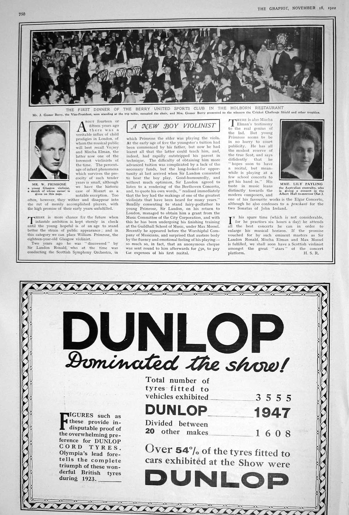 Old 1922 Dunlop Motor Tyres Primrose Payling Violinist Berry Sports C 20th