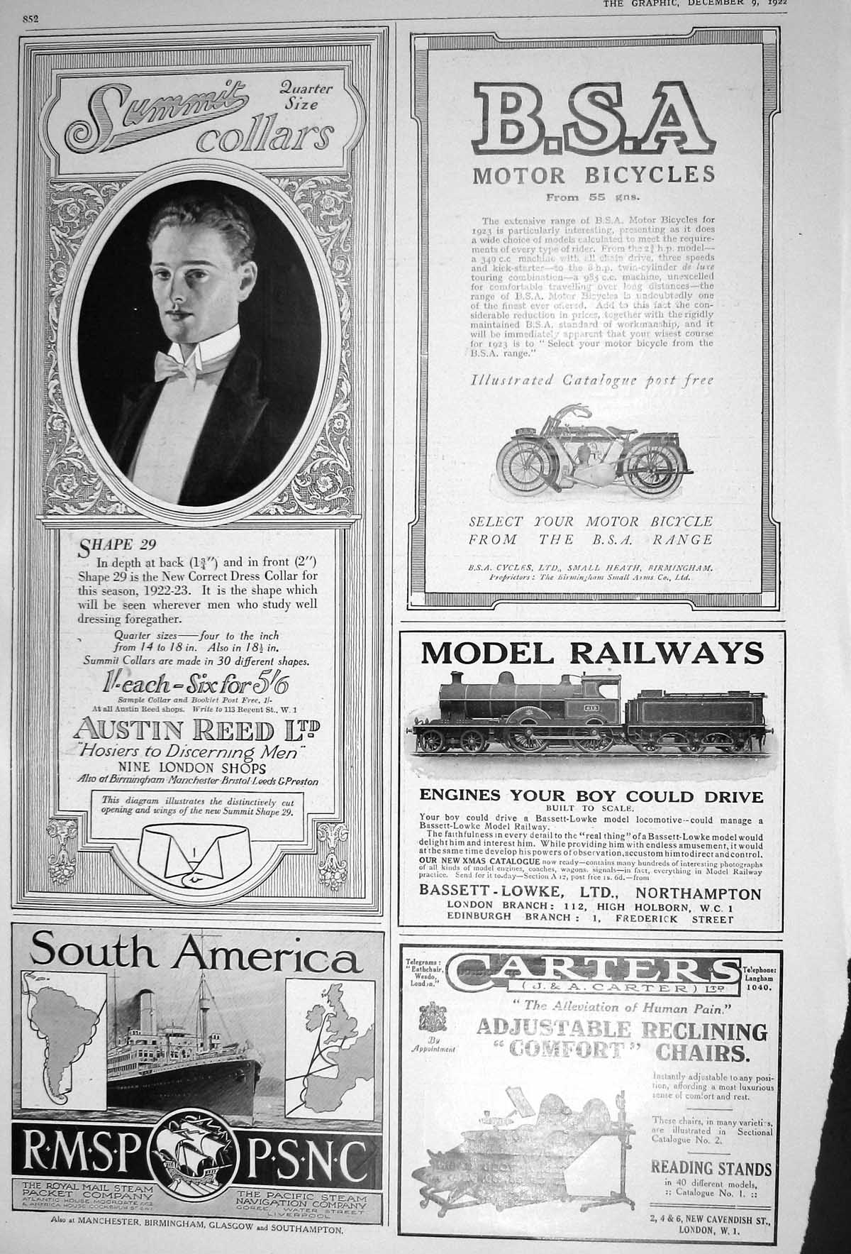 Old 1922 B.S.A. Motor Bicycles Austin Reed America Ship Railway Carte 20th
