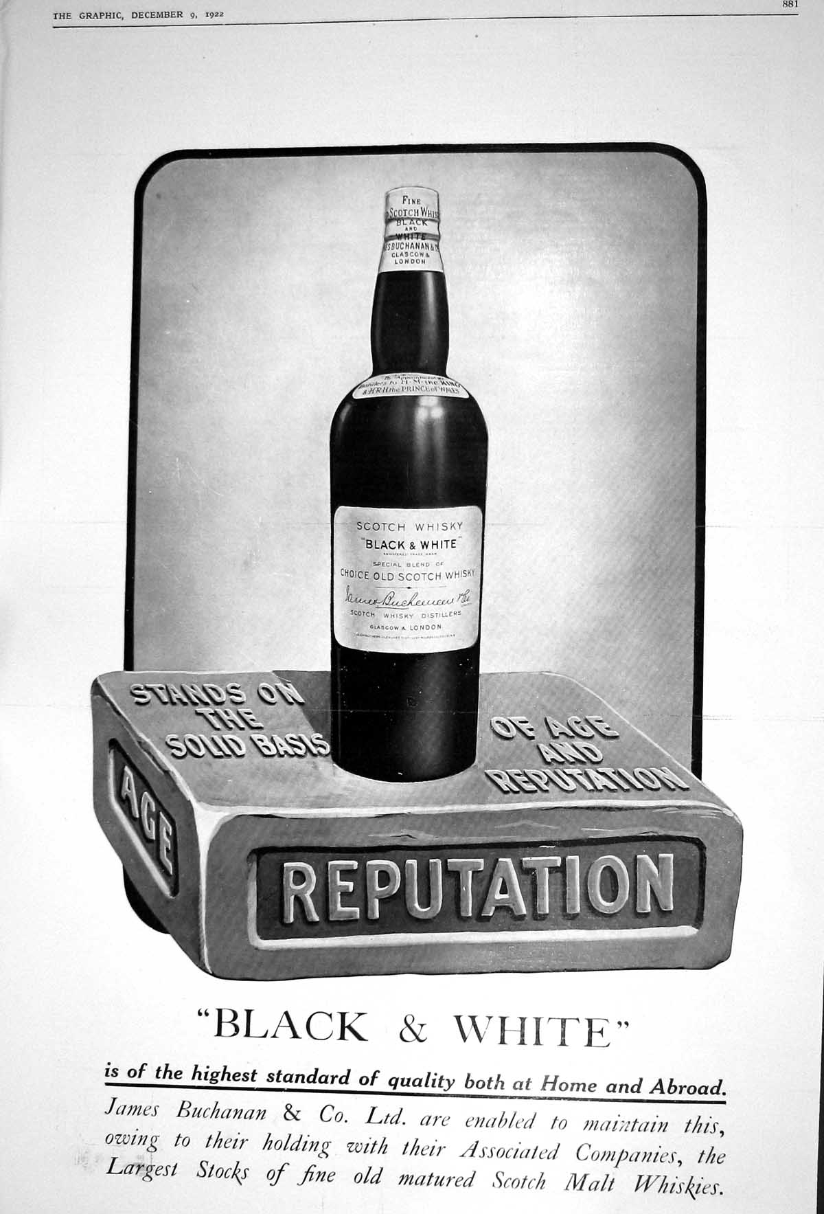 Antique Old Print 1922 Advertisement Black White Scotch Whisky James Buchanan