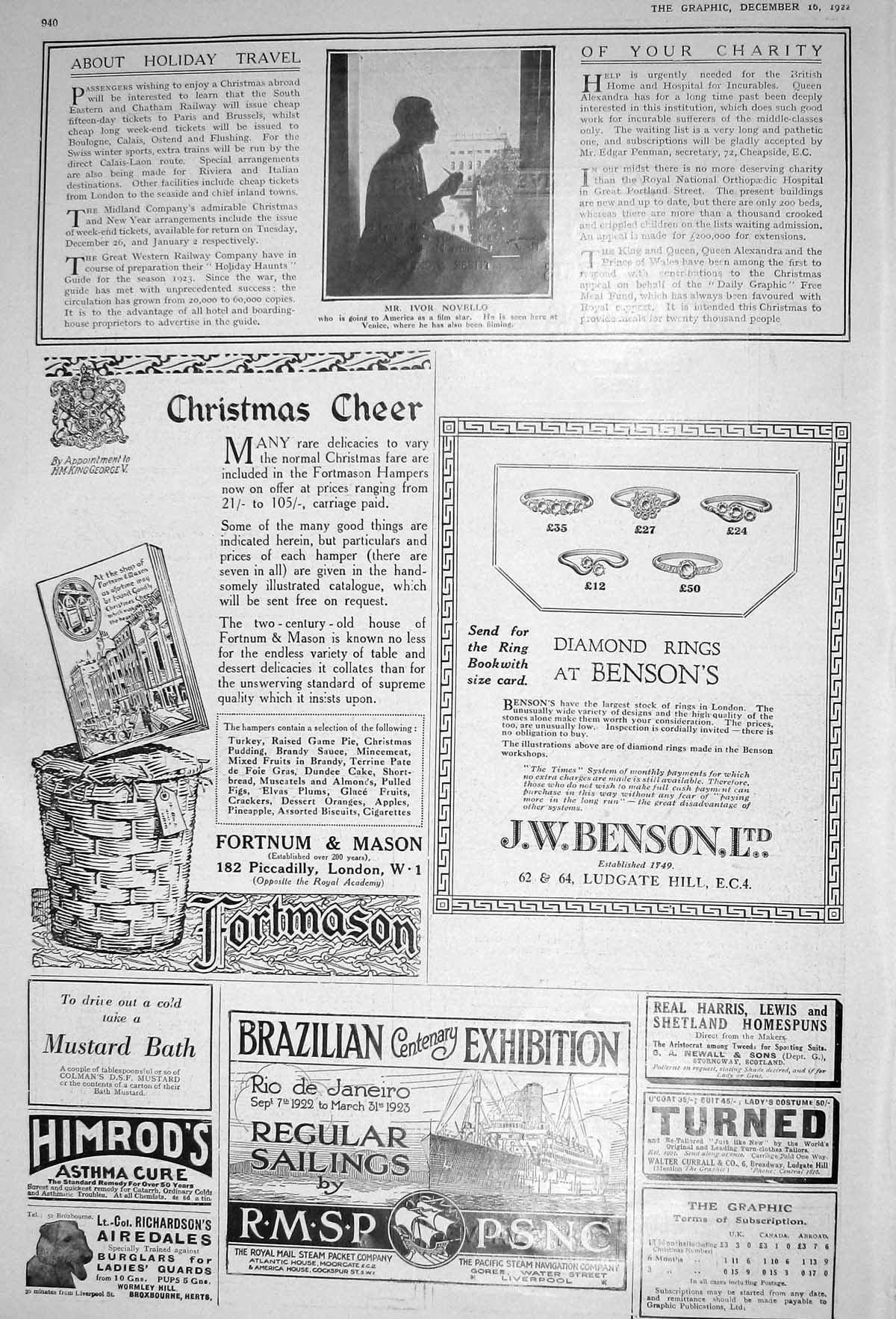 Antique Old Print 1922 Ivor Novello America Film Star Benson Fortnum Mason 20th