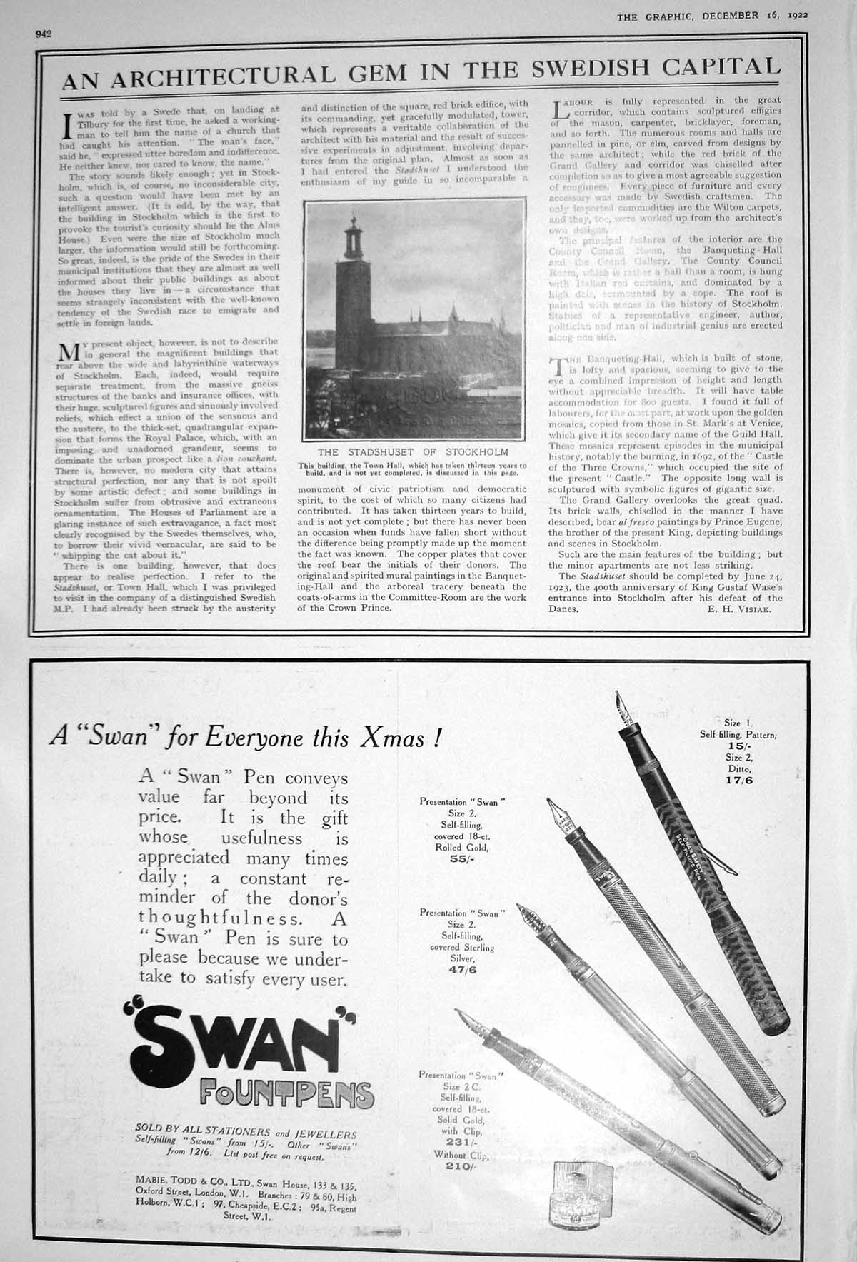 Old 1922 Stadshuset Stockholm Town Hall Architecture Swan Fountain Pe 20th