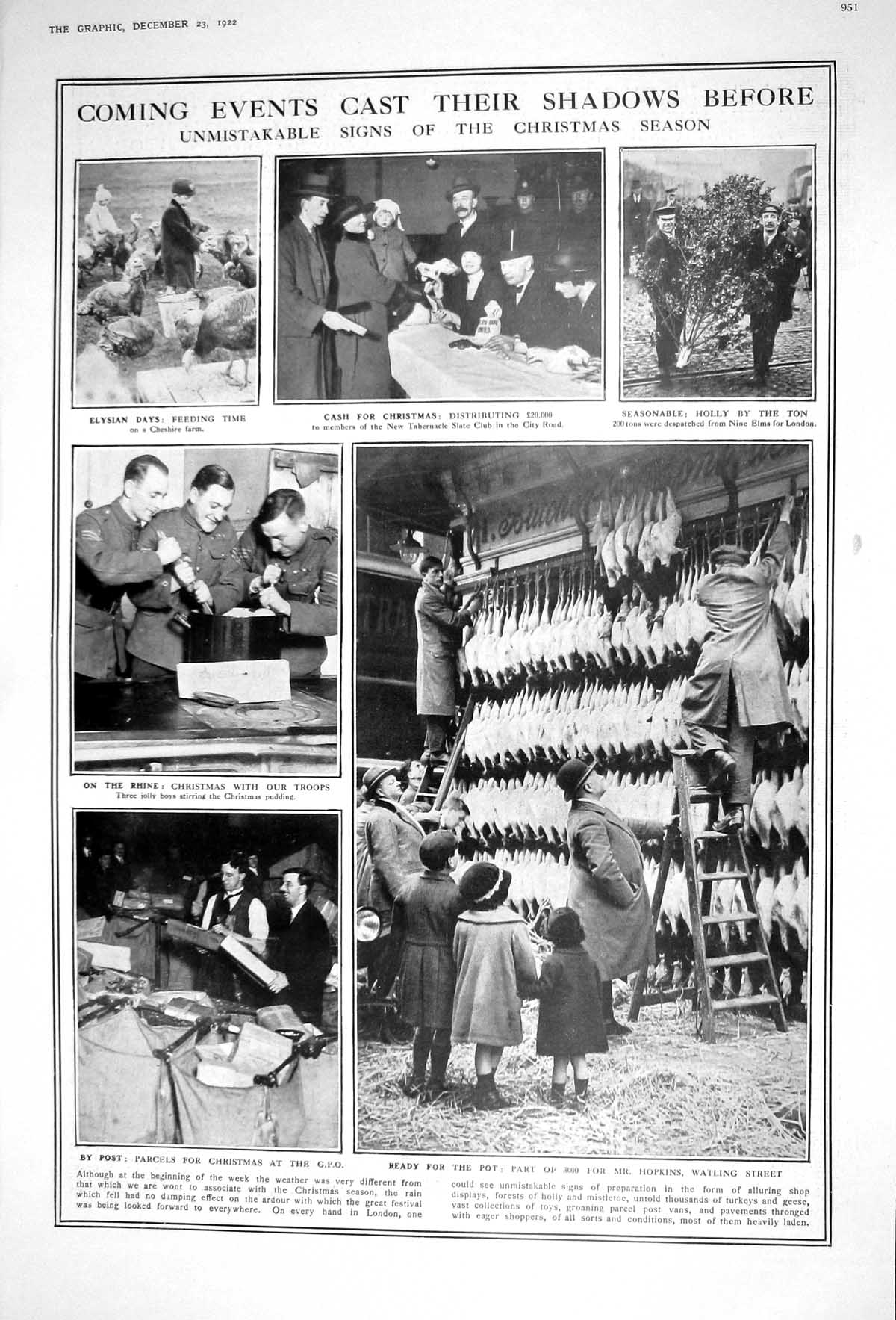 Old Print 1922 Christmas Post Office Hopkins Turkeys Holly Hanne Swaffer 20th