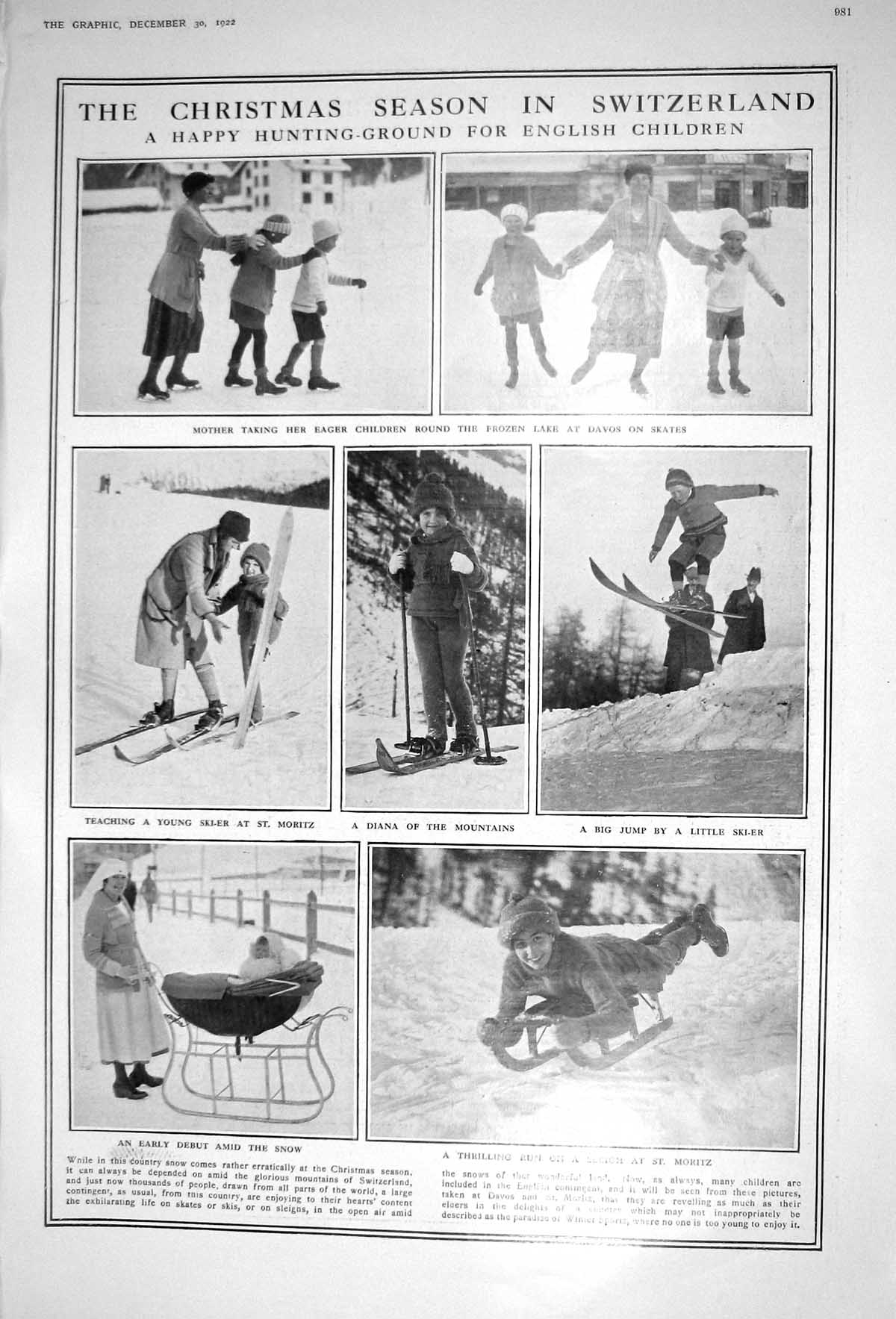 Old 1922 Christmas Switzerland Ice Skating Davos Moritz Sleigh Chance 20th
