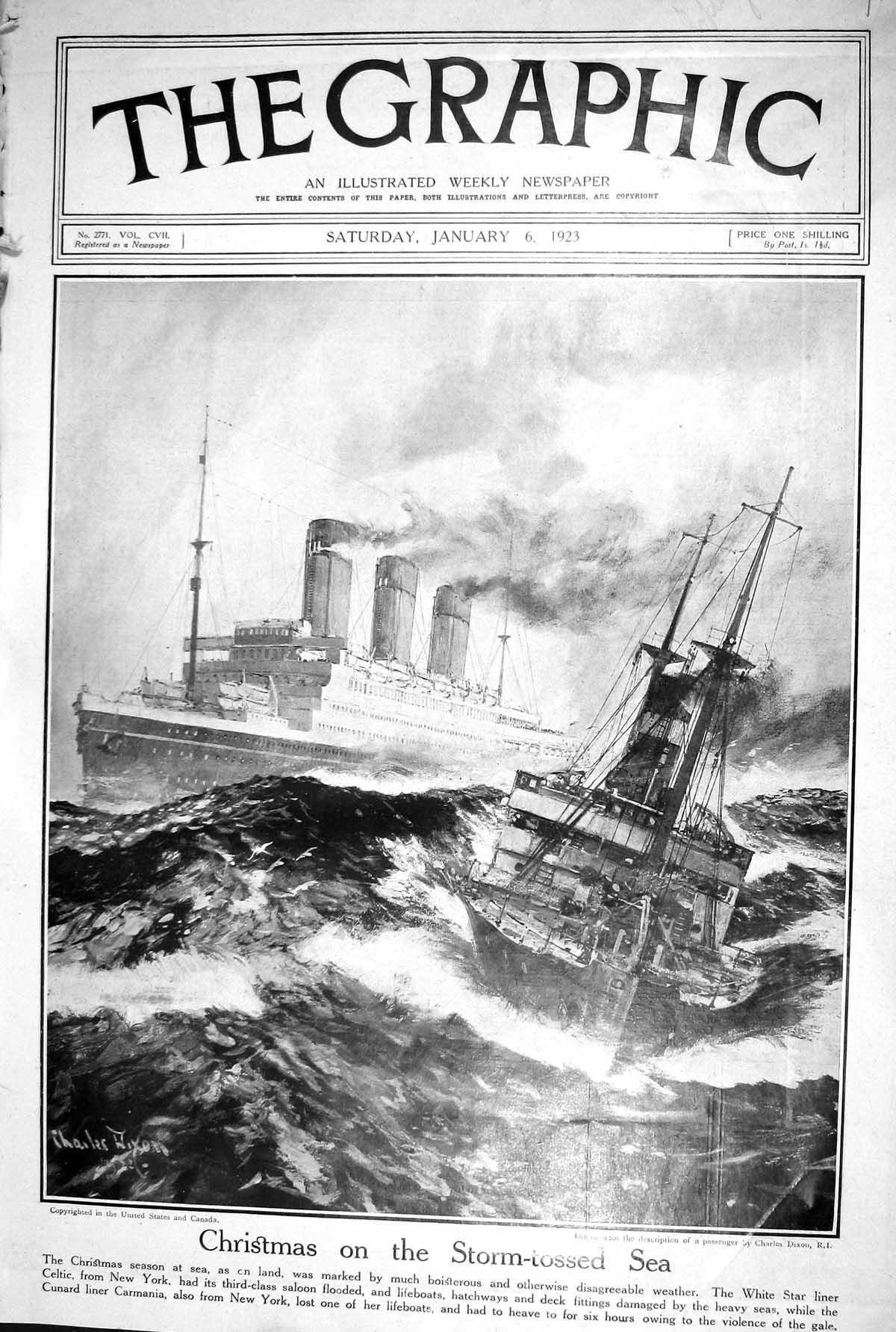 Old 1923 Christmass Storm-Tossed Sea Drawing Charles Dixon Macready C 20th