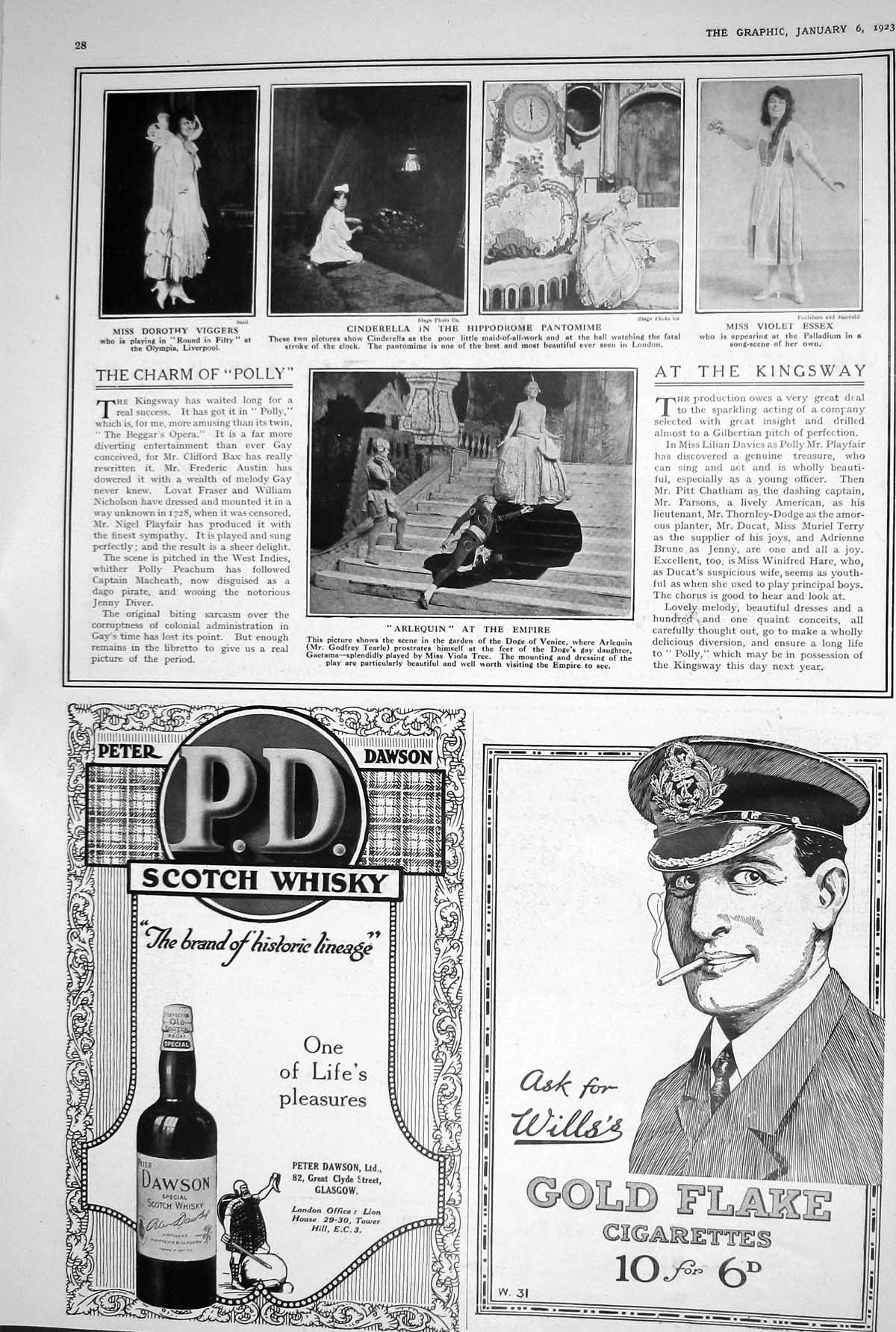 Antique Print 1923 Wills GFlake Cigarettes Dawson Scotch Whisky Theatre Bla