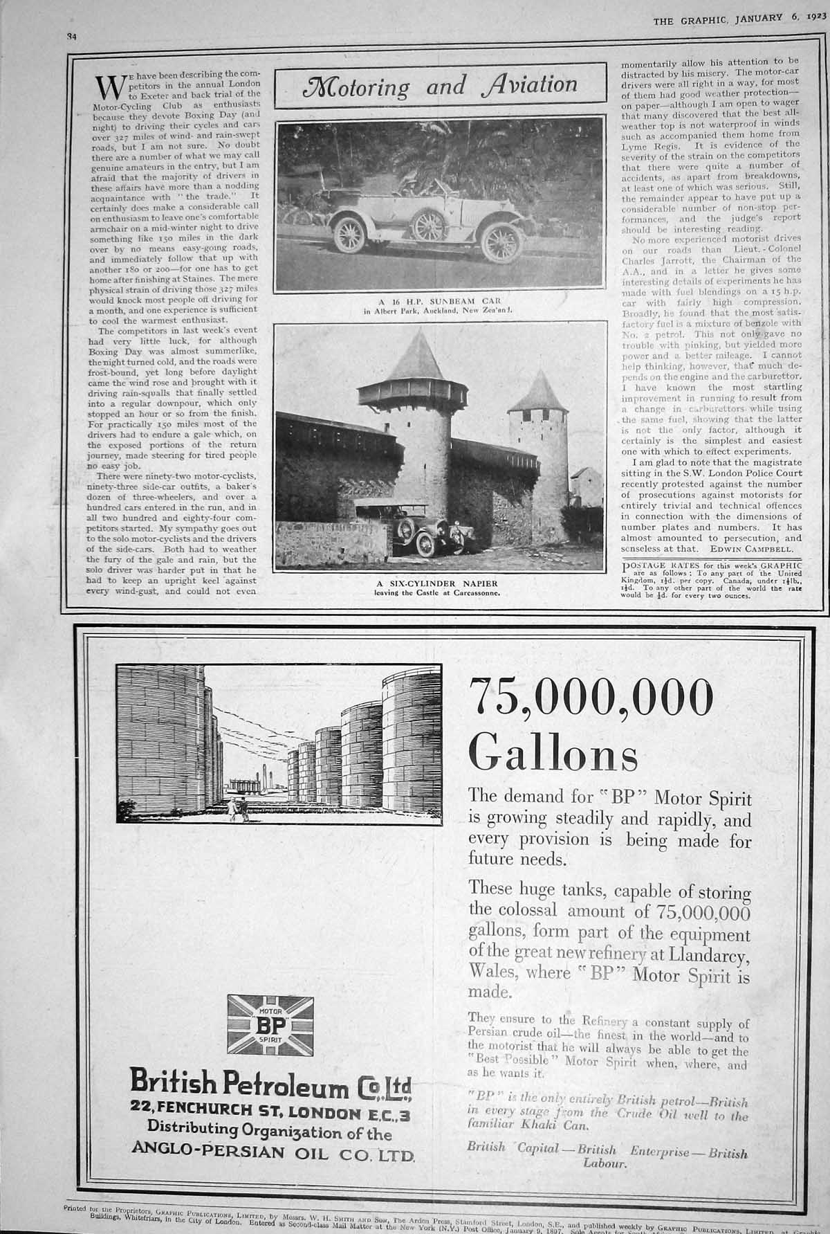 Old 1923 Motoring Aviation Sunbeam Car Sic-Cylinder Napier British Pe 20th