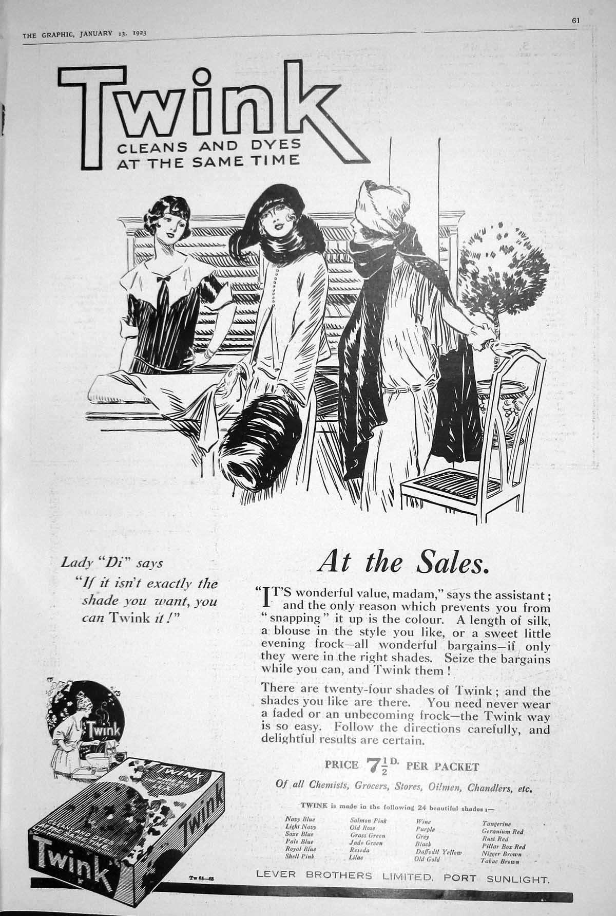 Old 1923 Twink Advertisement Lever Brothers Limited Cleans Dyes Cloth 20th