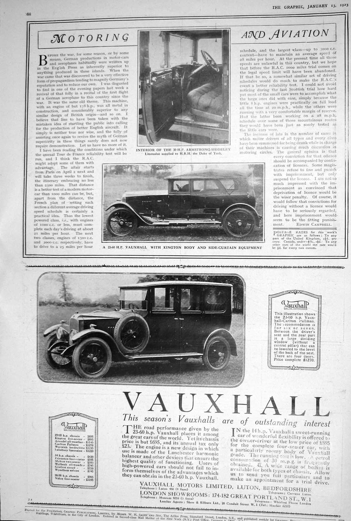 Old 1923 Vauxhall Car Motor Motoring Aviation Armstrong-Siddeley King 20th