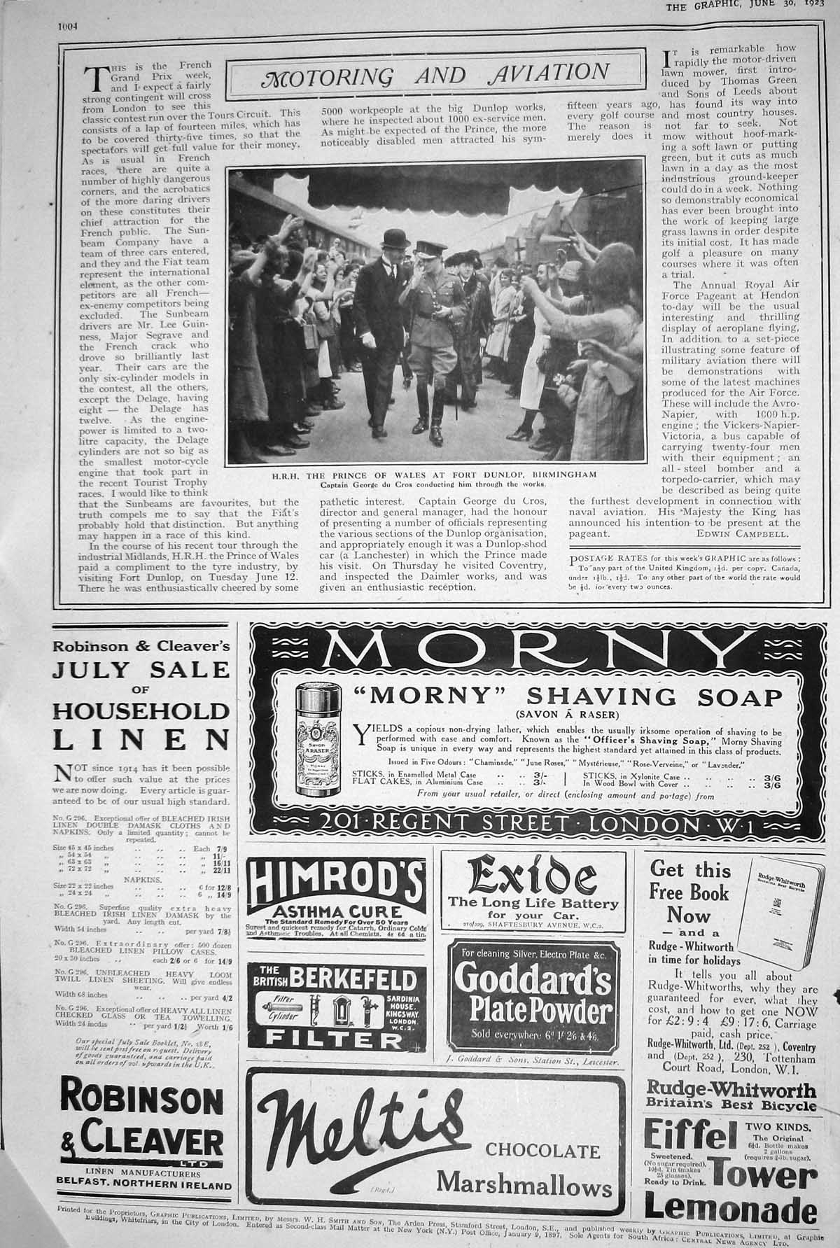 Old 1923 Motoring Aviation Prince Wales Morny Himrods Meltis Goddards 20th
