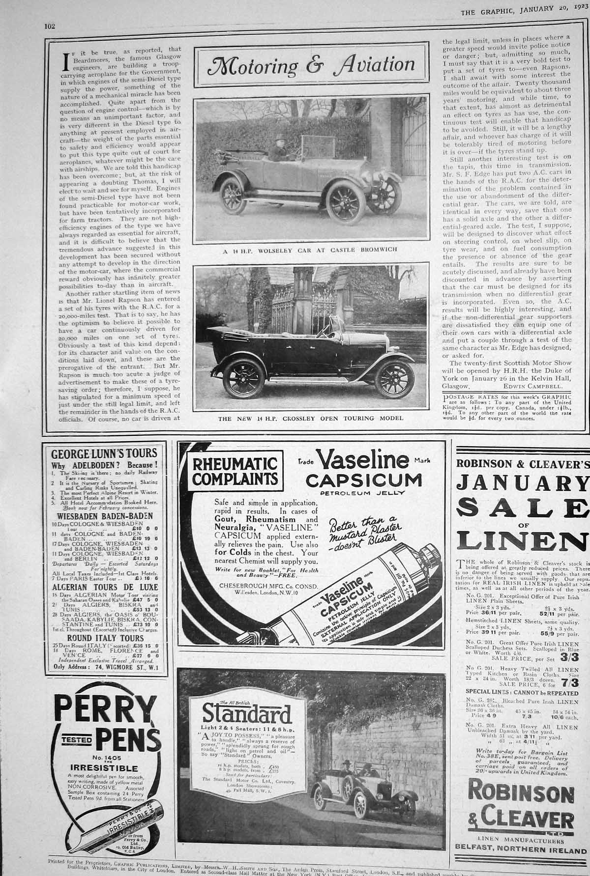 Old 1923 Motoring Aviation Wolseley Car Crossley Open Standard Robins 20th