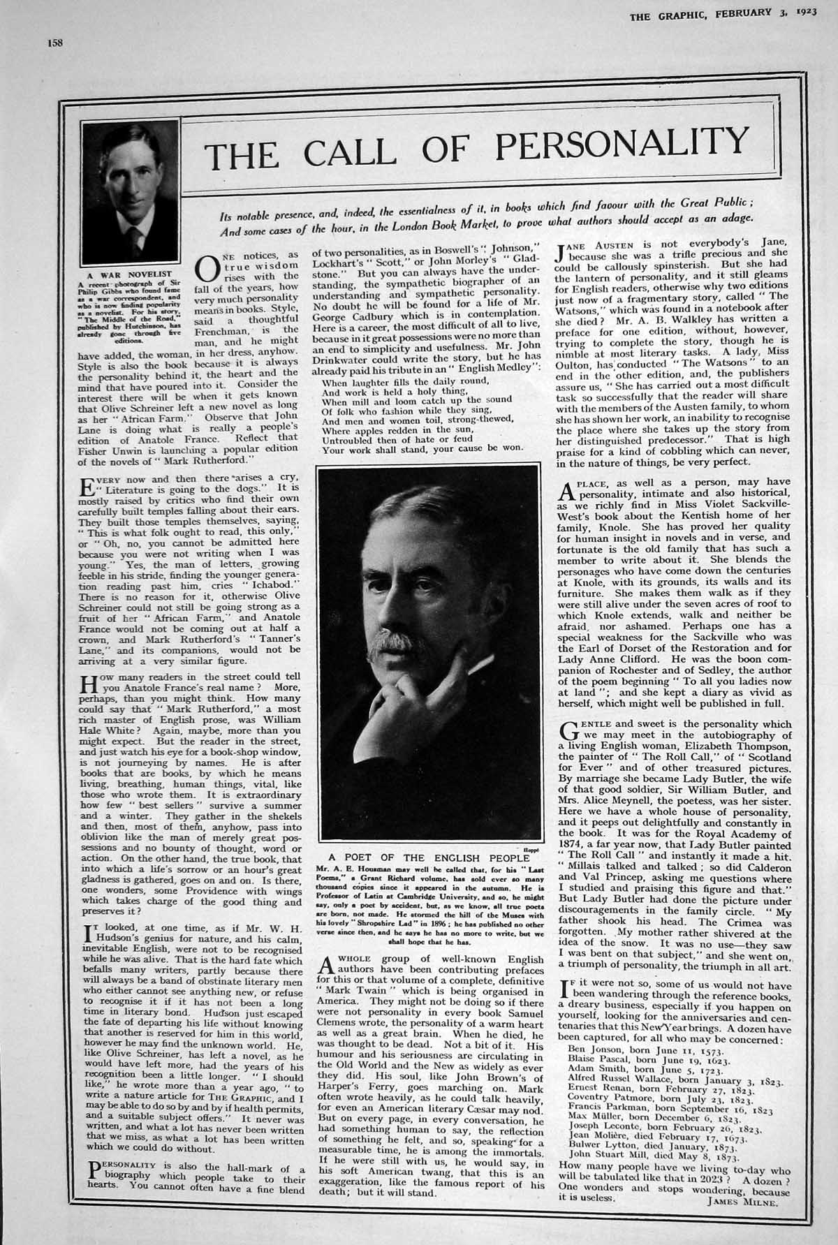 Old 1923 Poet Housman War Novelist Philip Gibbs John Walker Scotch Wh 20th