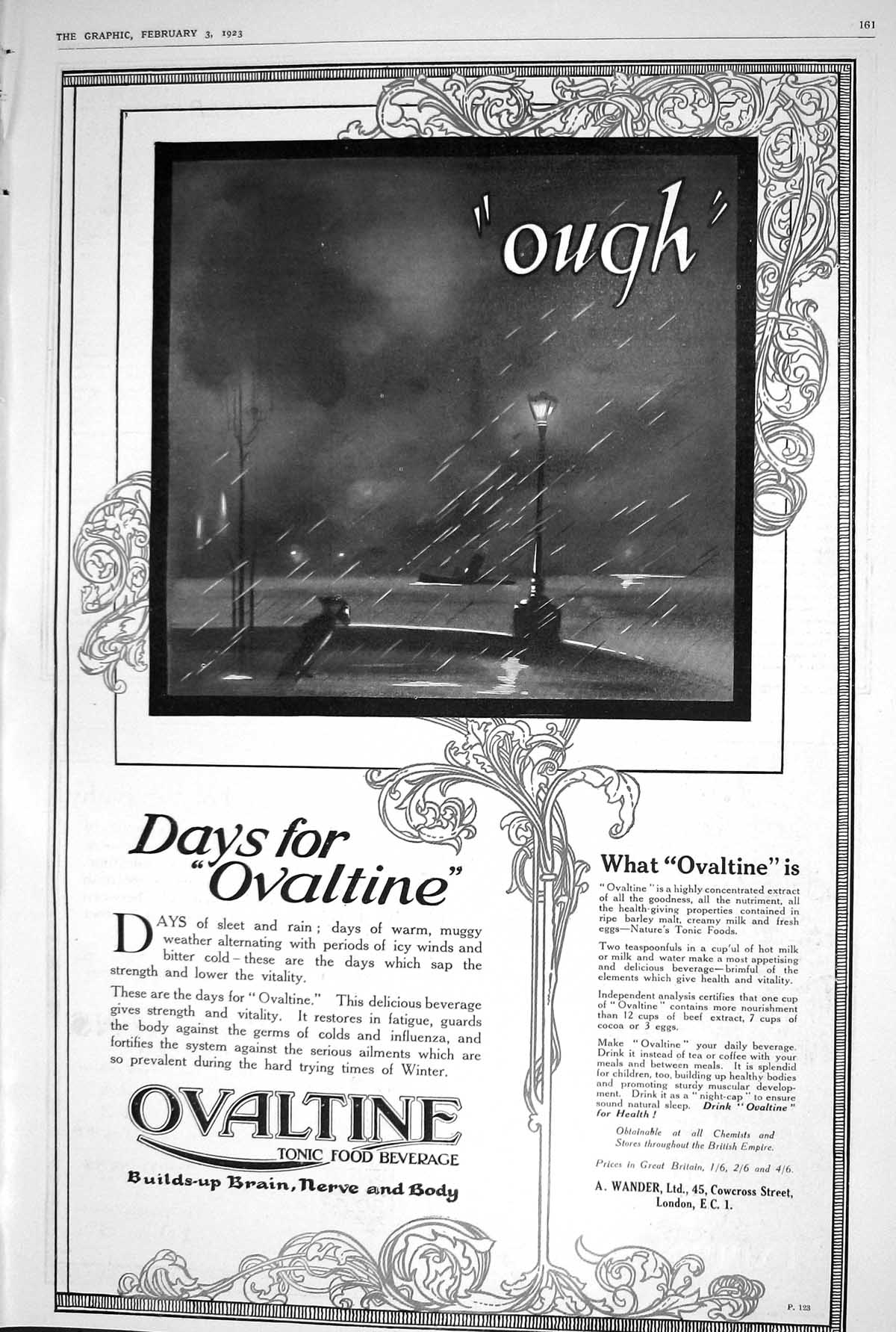 Old Print 1923 Ovaltine Tonic Food Beverage Illustration Days Sleet Rain 20th