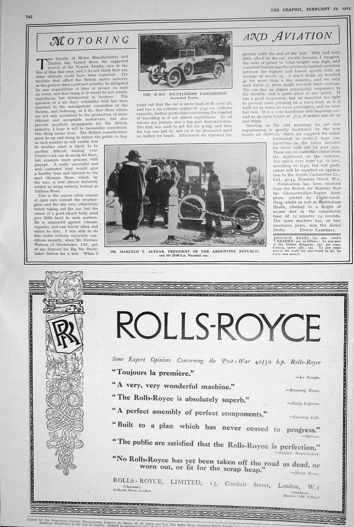 Old Print 1923 Rolls-Royce Six-Cylinder Tourer Lanchester Vauxhall Alvear 20th