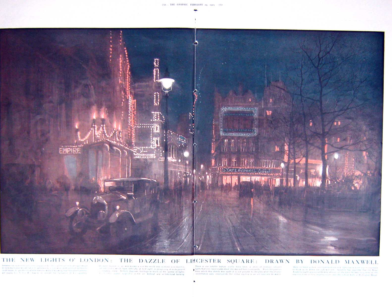 Old 1923 London Lights Drawing Leicester Square Wren Christopher Flem 20th