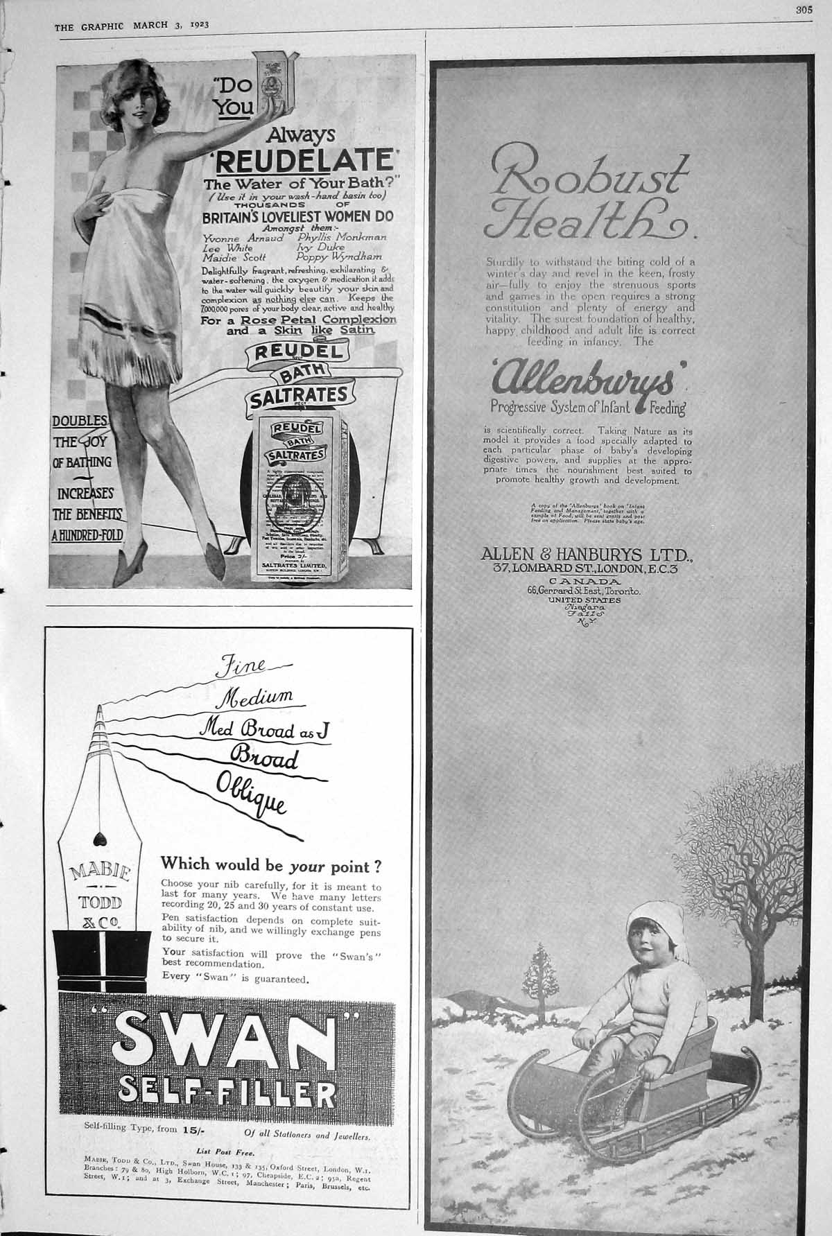 Old 1923 Reudel Bath Saltrates Swan Self-Filler Pen Allen Hanburys Al 20th