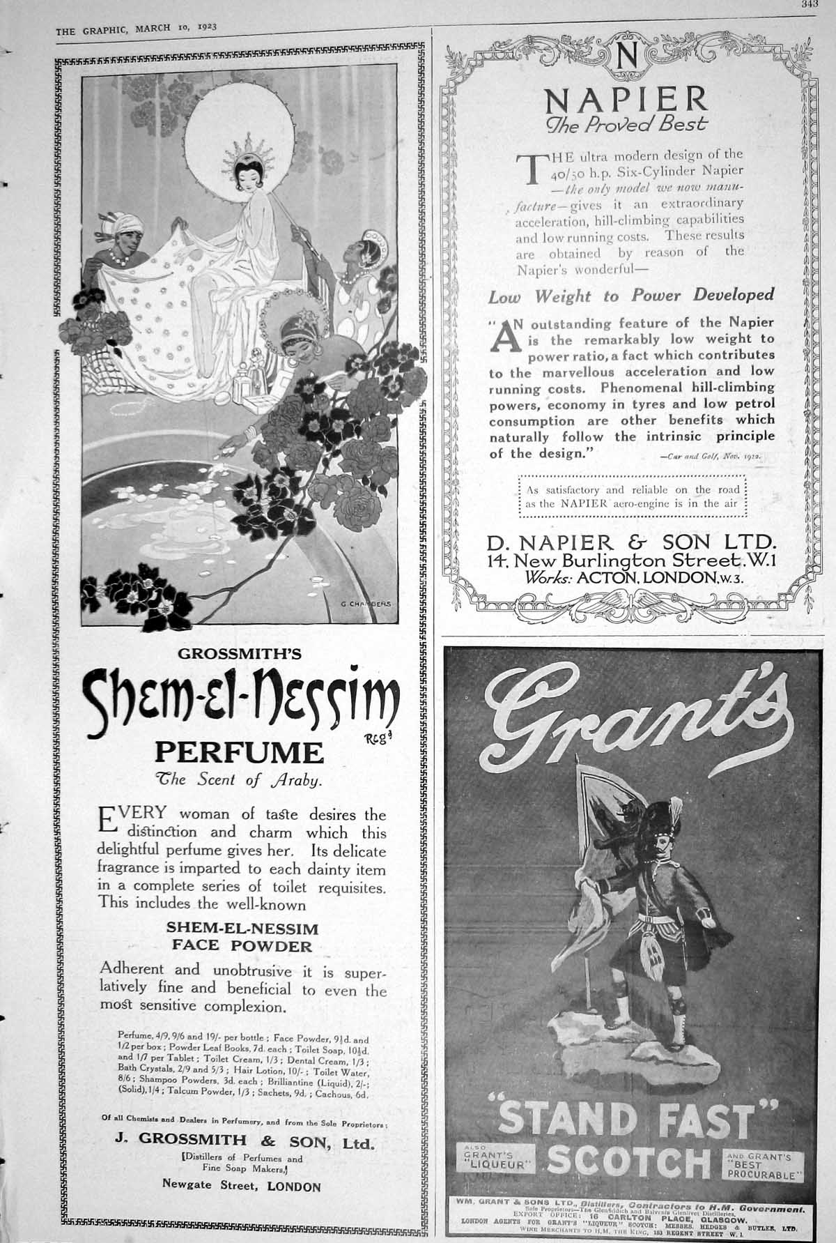 Old 1923 Grossmiths Perfume Grants Scotch Liqueur Napier Car Stand Fa 20th