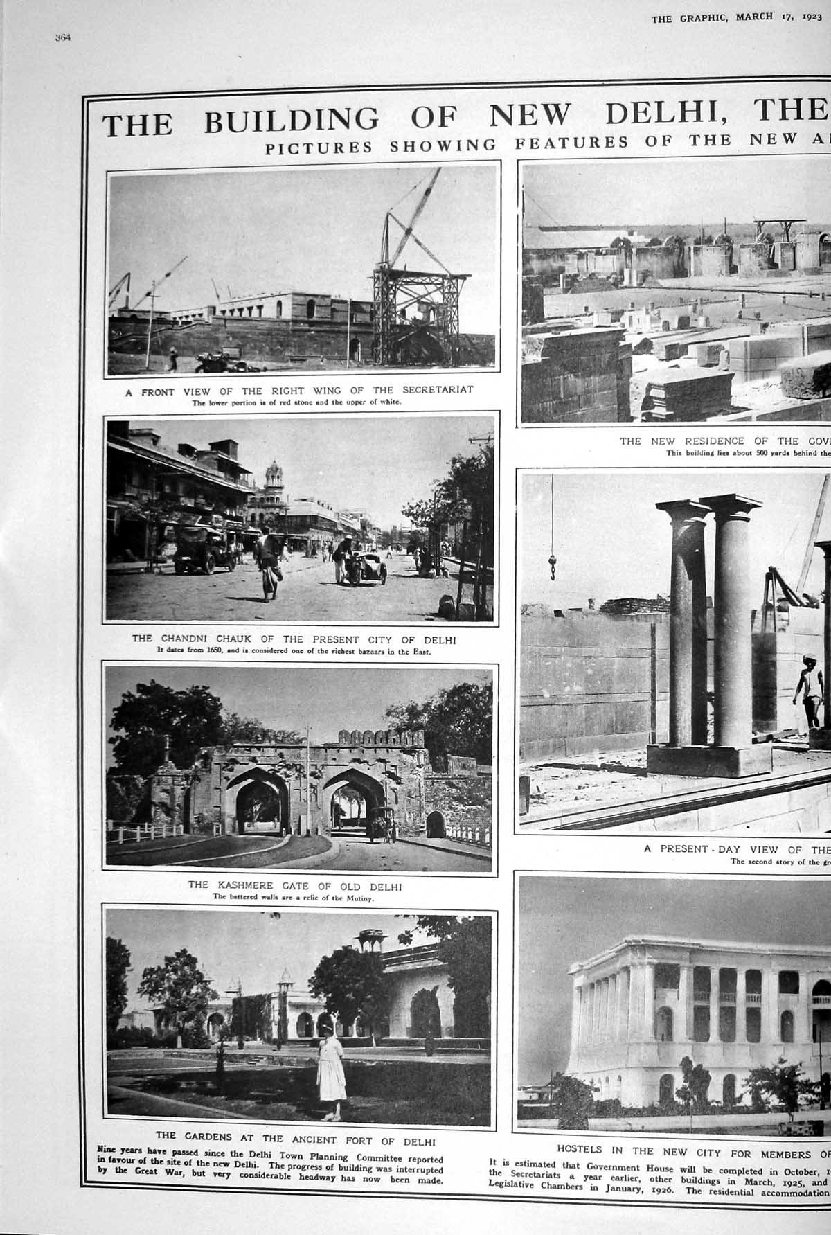 Antique Print 1923 Deli Pictures New Chandi Chauk Kashmere Gate Fort Hostel